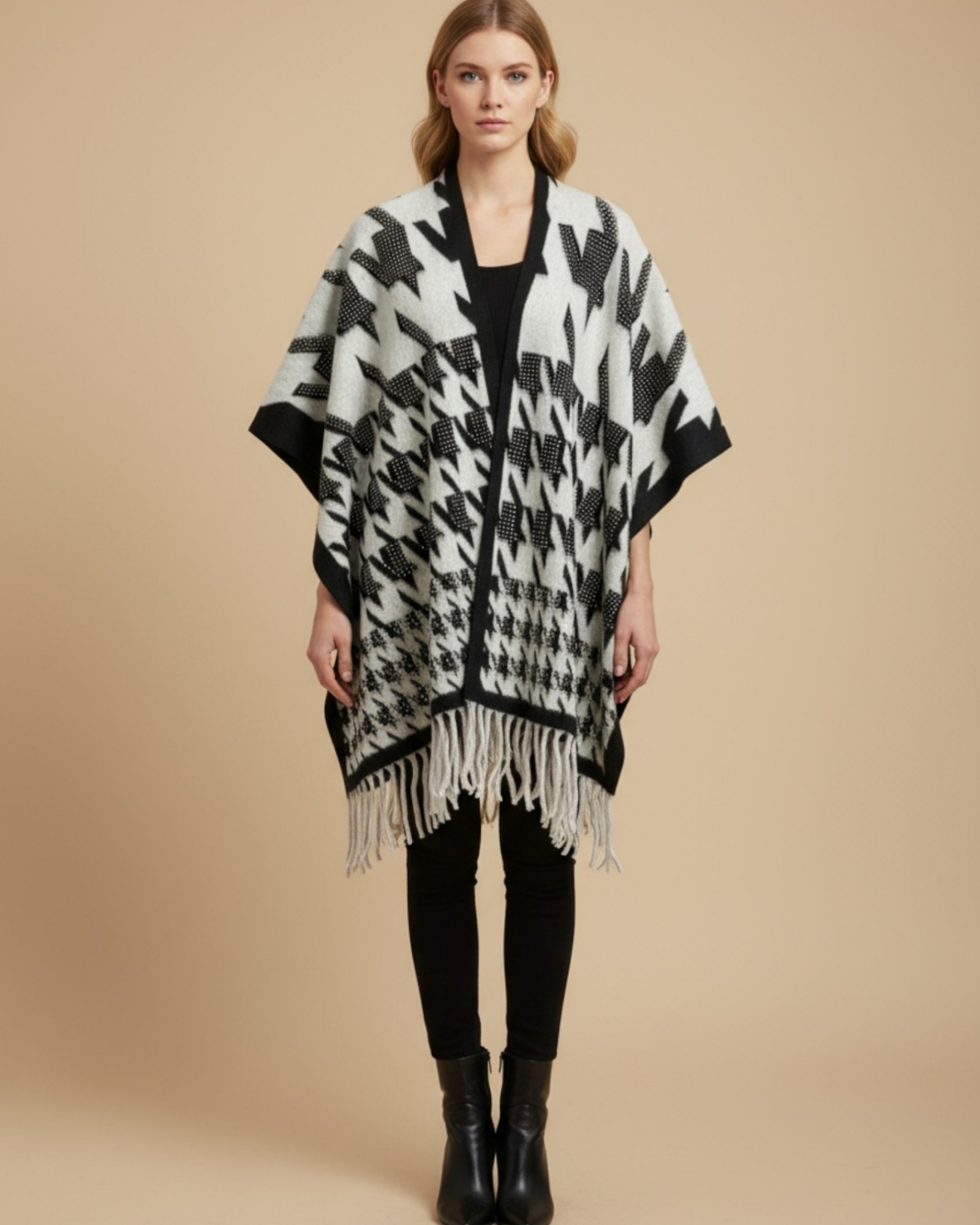 Houndstooth Rhinestone Fringe Poncho