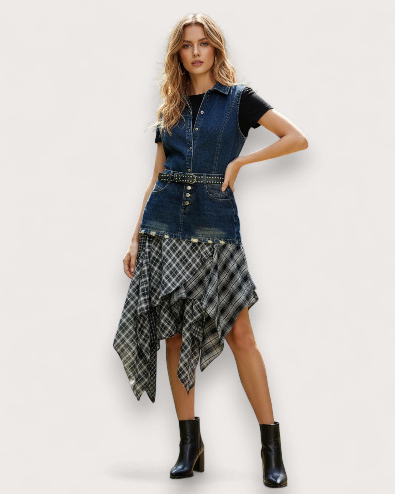 Denim Plaid Layered Skirt with Stud Belt