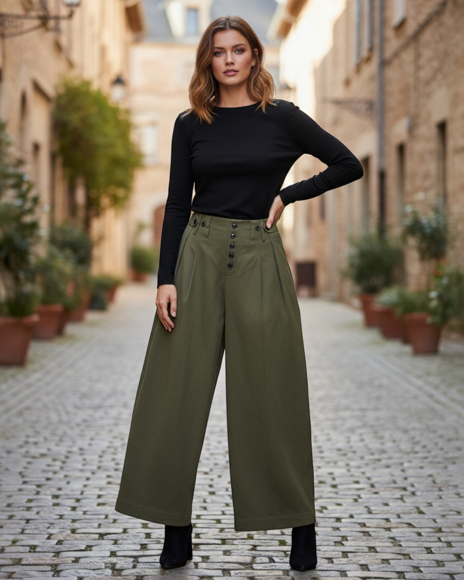 High-Waist Button-Front Wide Pants