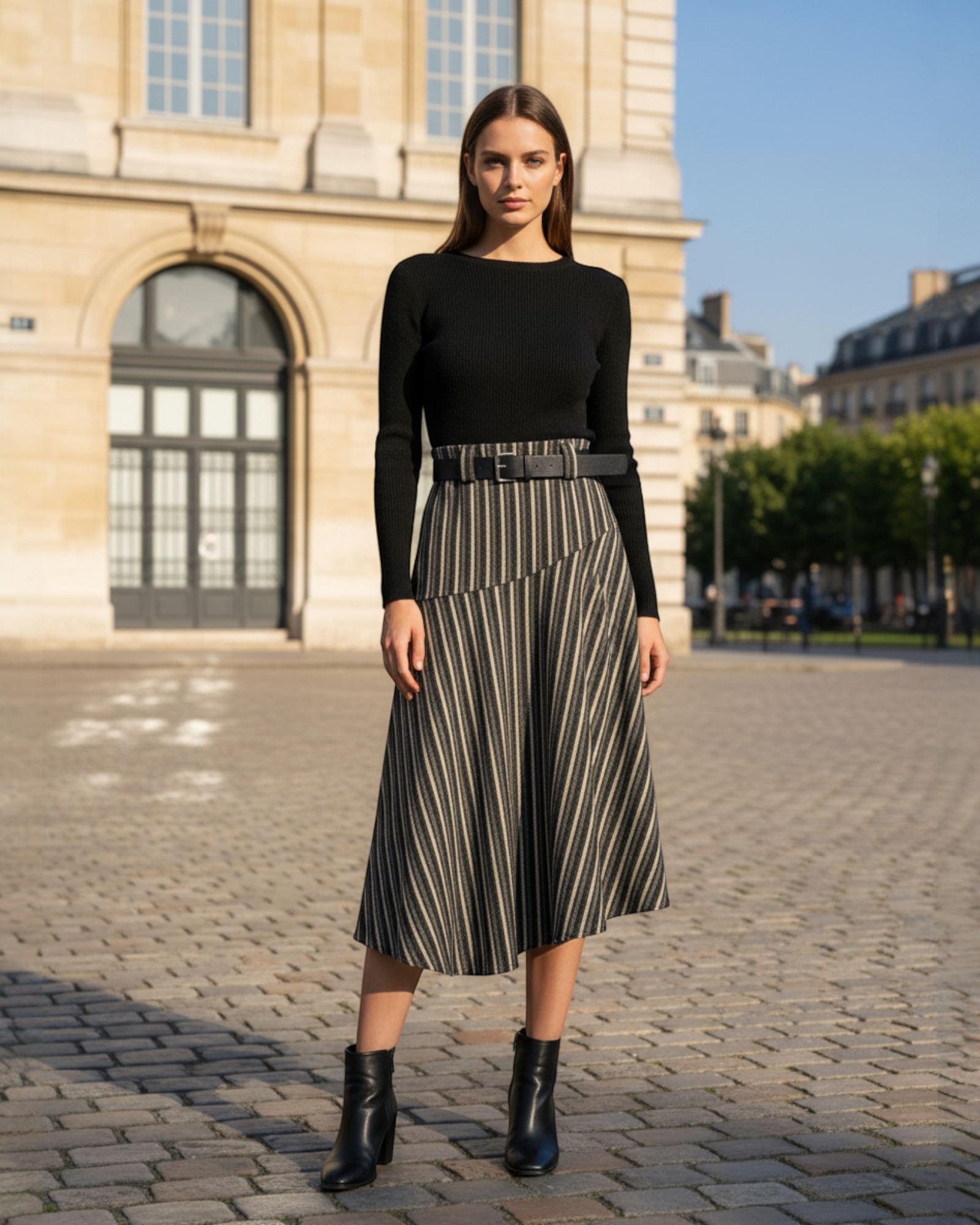 Striped Knit Midi Skirt with Belt
