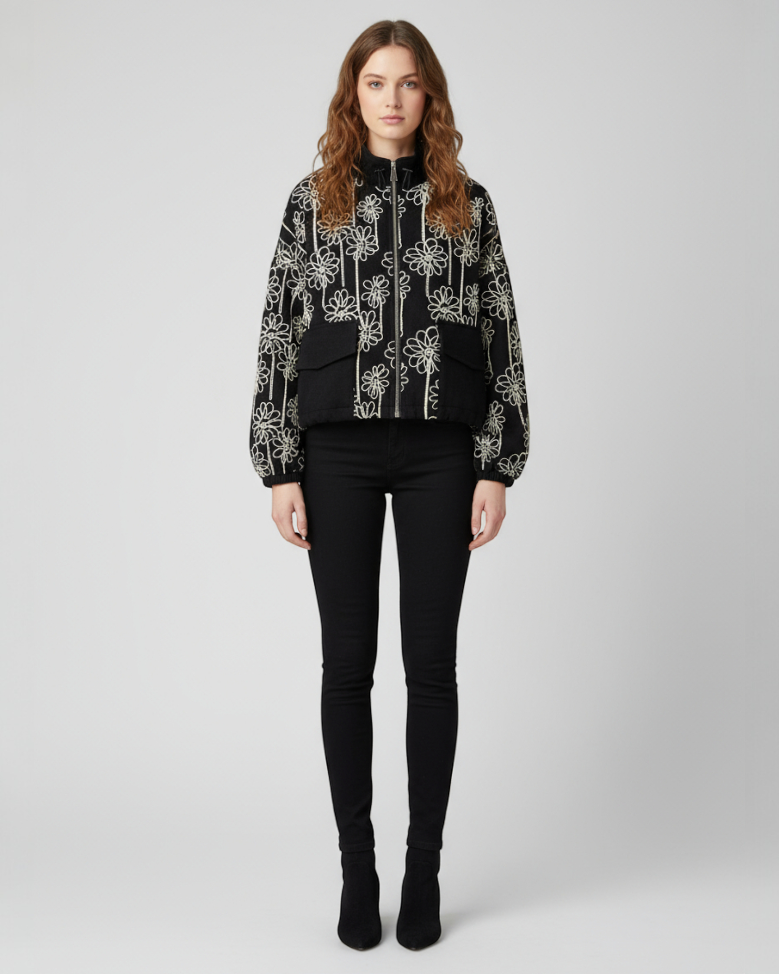 Floral Embroidered Zip-Up Jacket