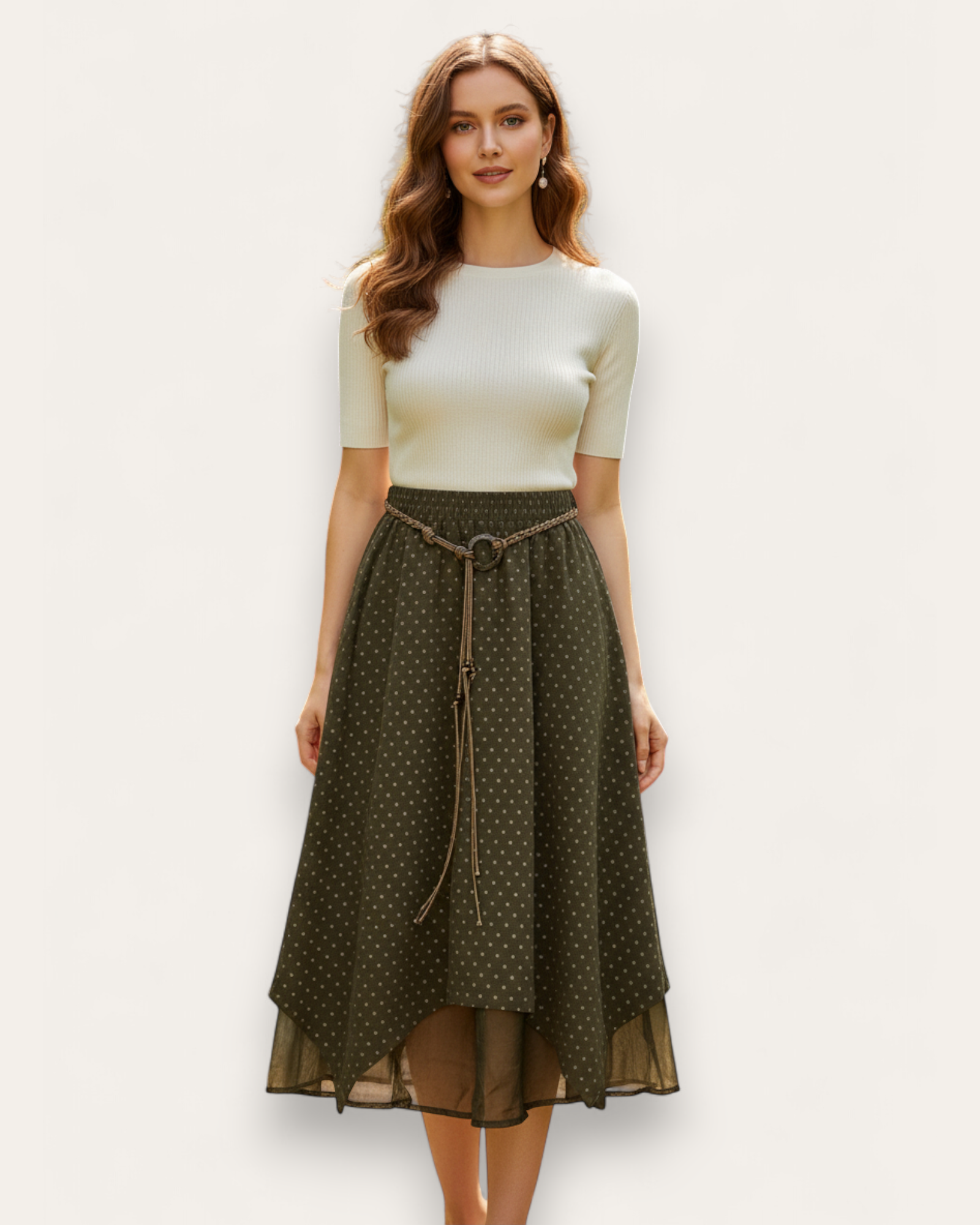 Polka Dot Drape Midi Skirt