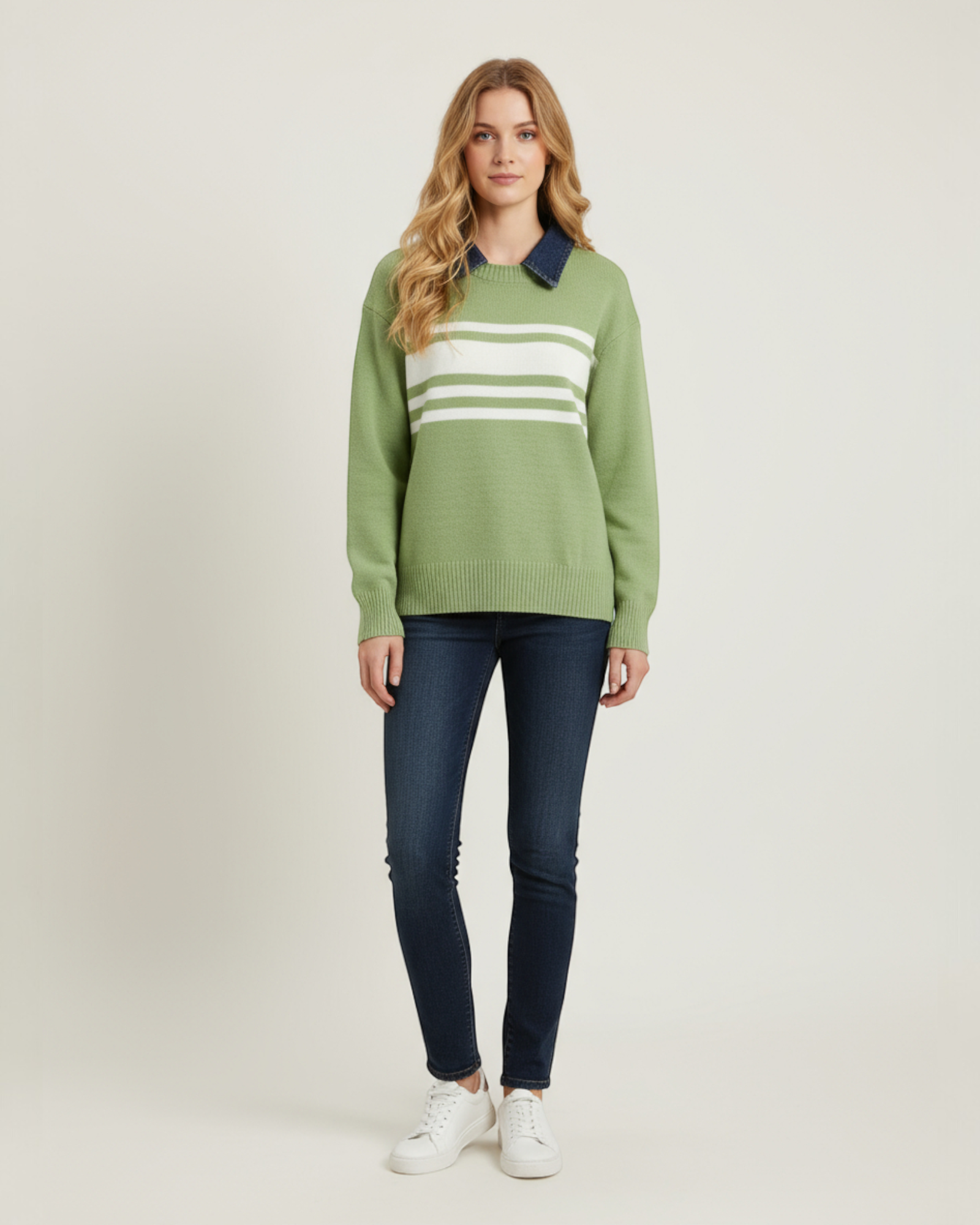 Green Striped Knit with Denim Collar