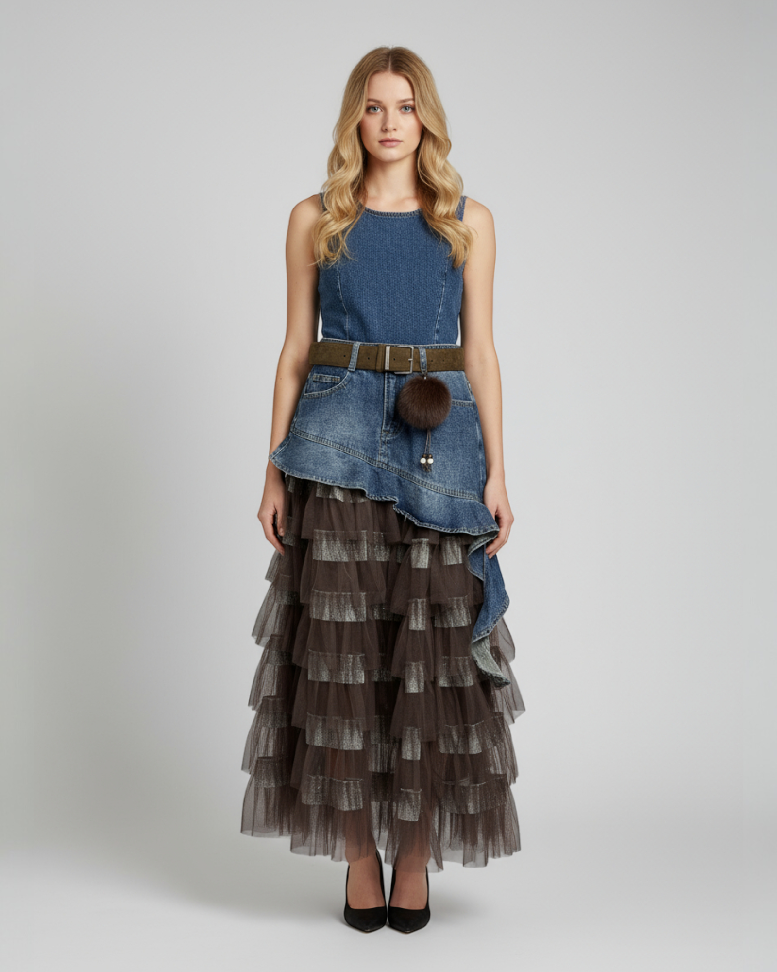 Denim Layered Ruffle Tulle Skirt