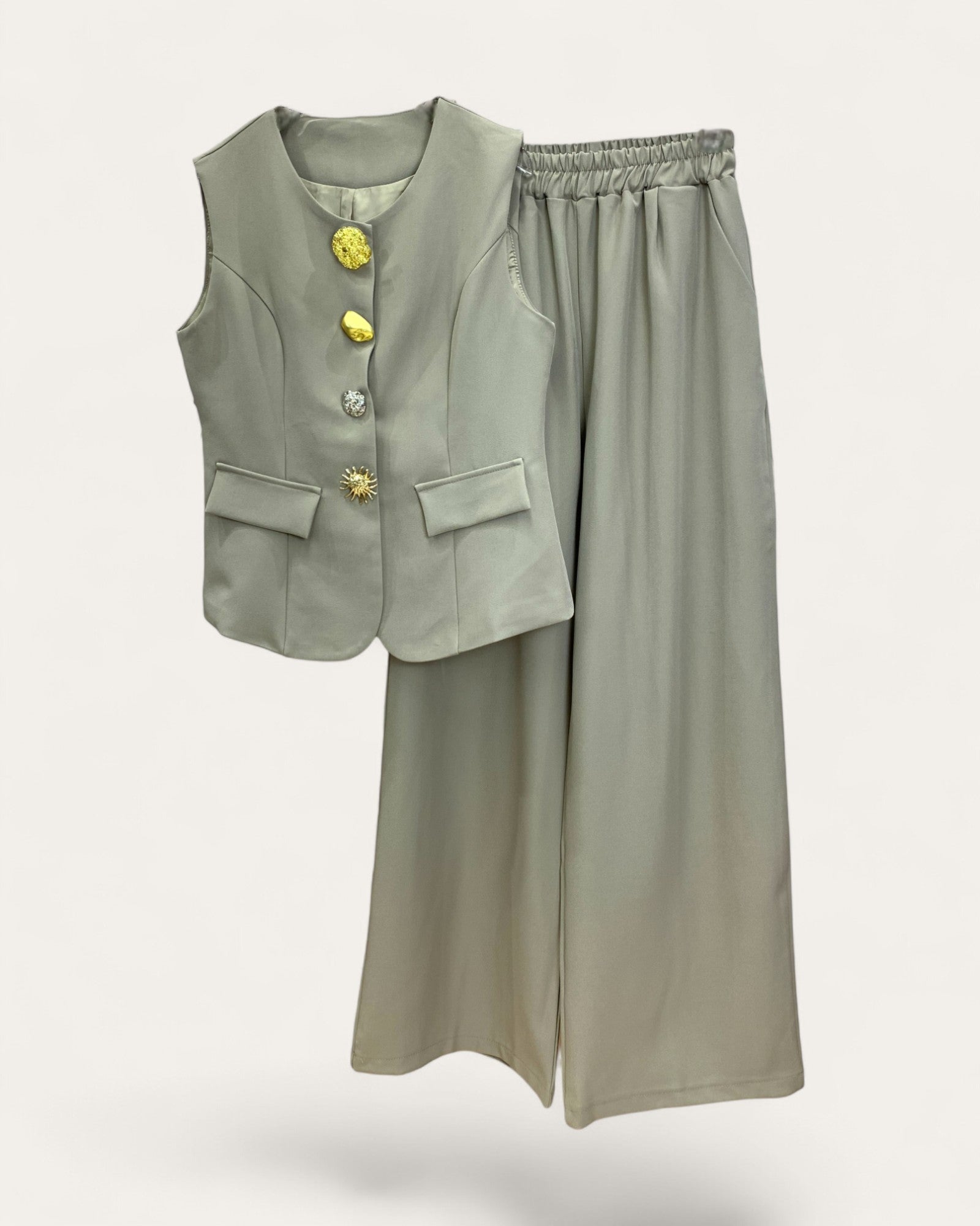 Statement Button Sleeveless Pant Suit