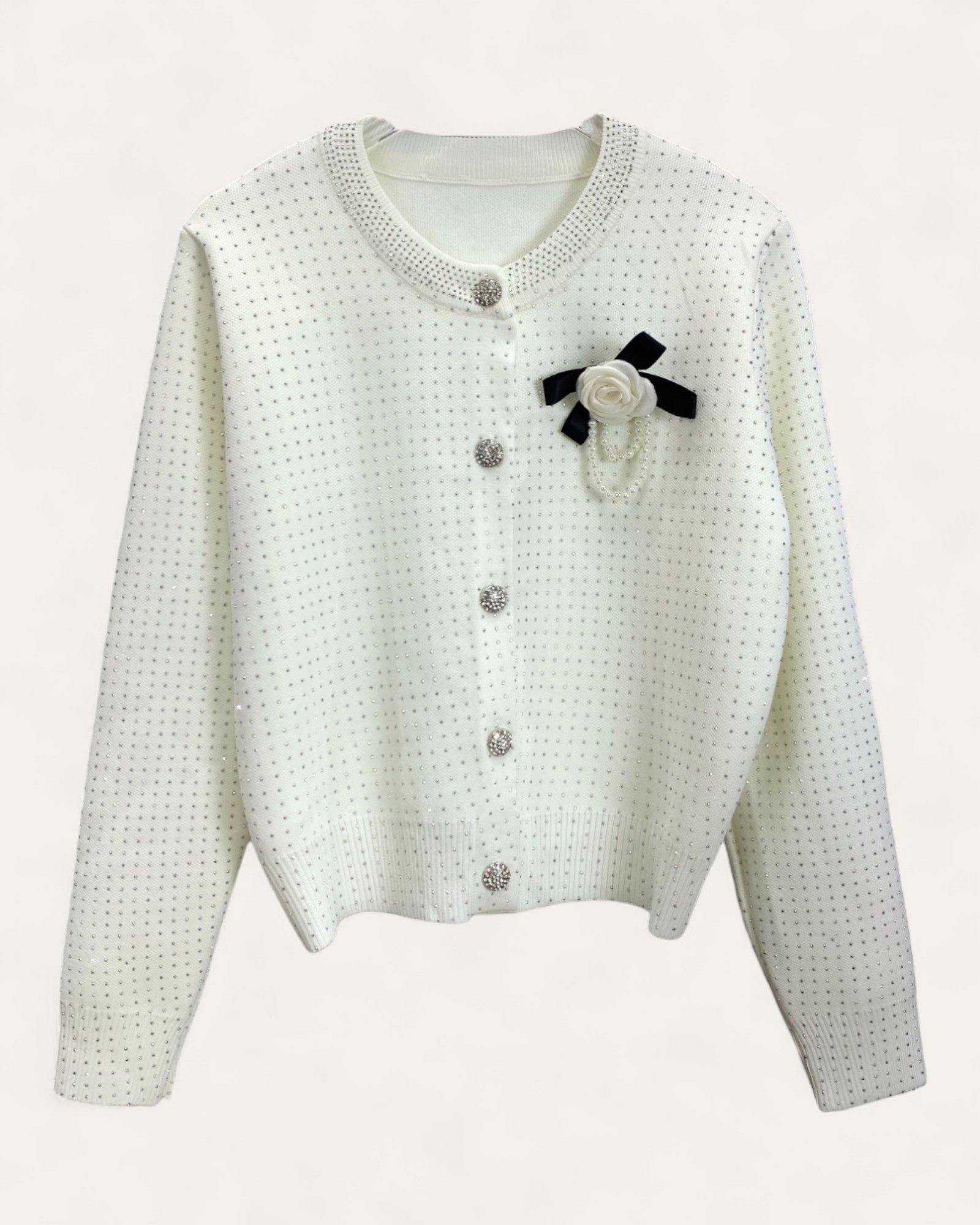 Rhinestone Button Cardigan with Bow and Rose Brooch