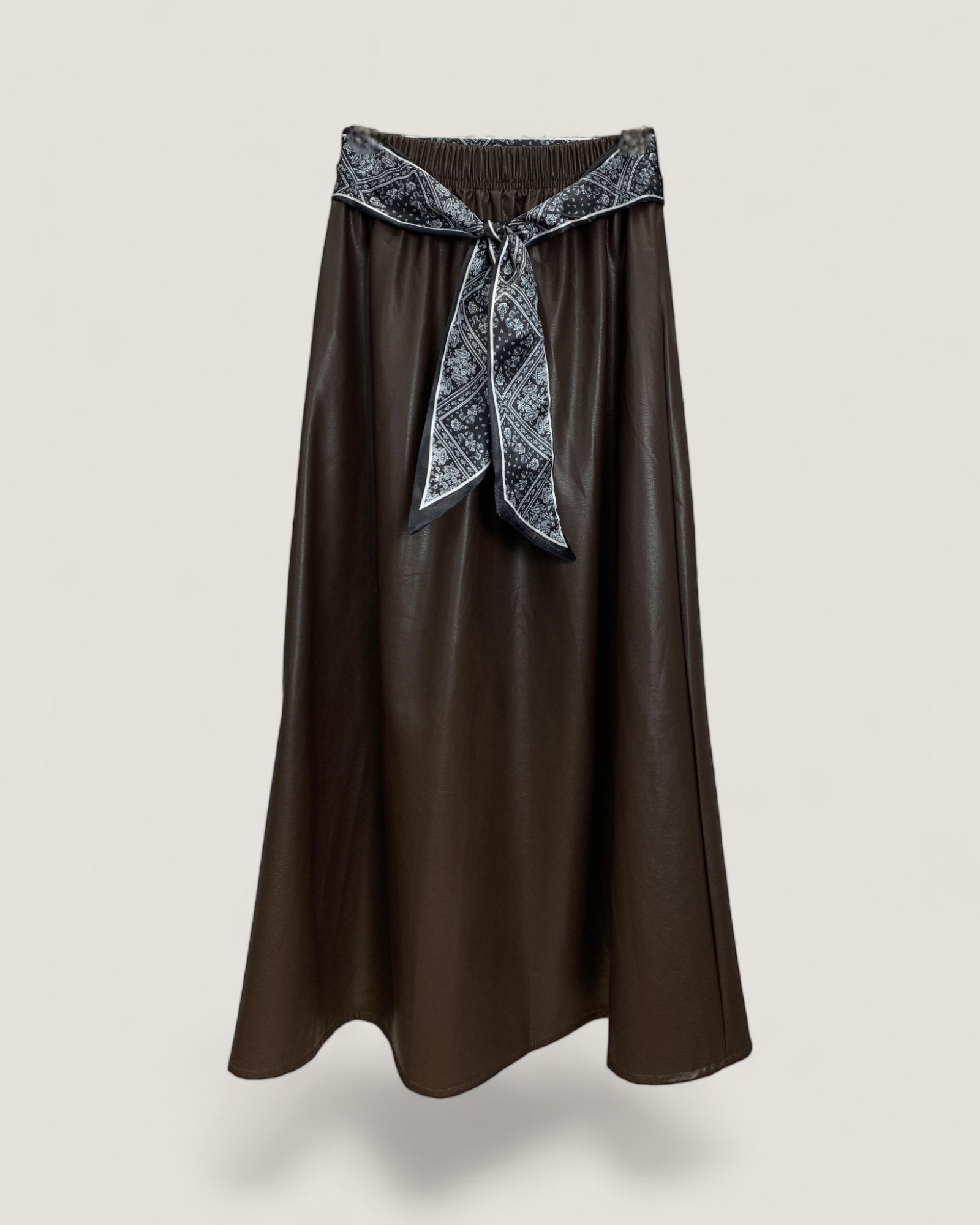 Scarf-Tie Faux Leather A-Line Midi Skirt