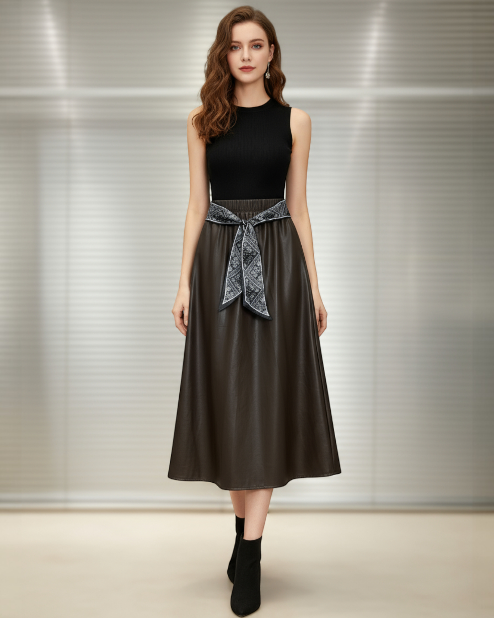 Scarf-Tie Faux Leather A-Line Midi Skirt
