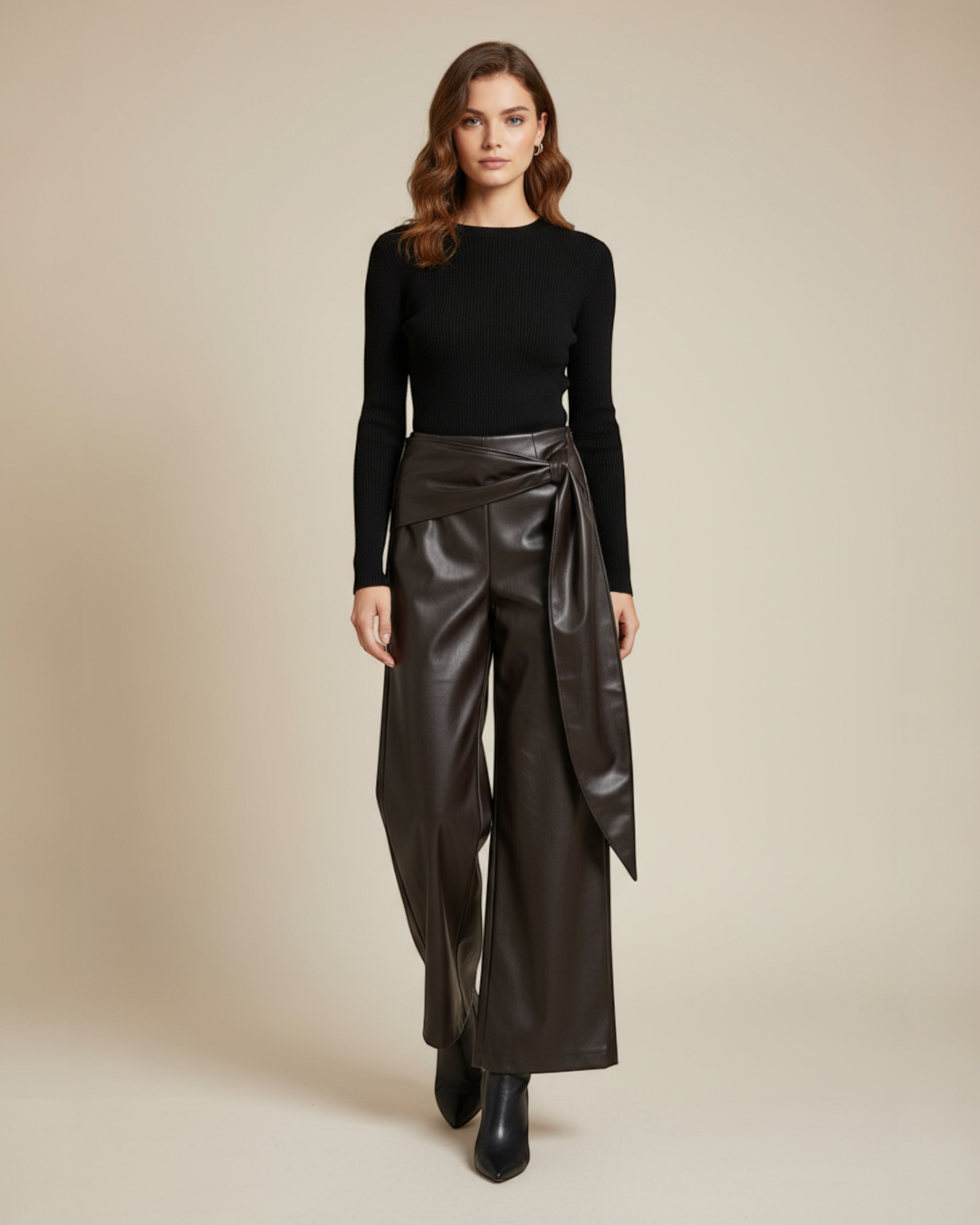 Satin Drape Detail Wide-Leg Pants