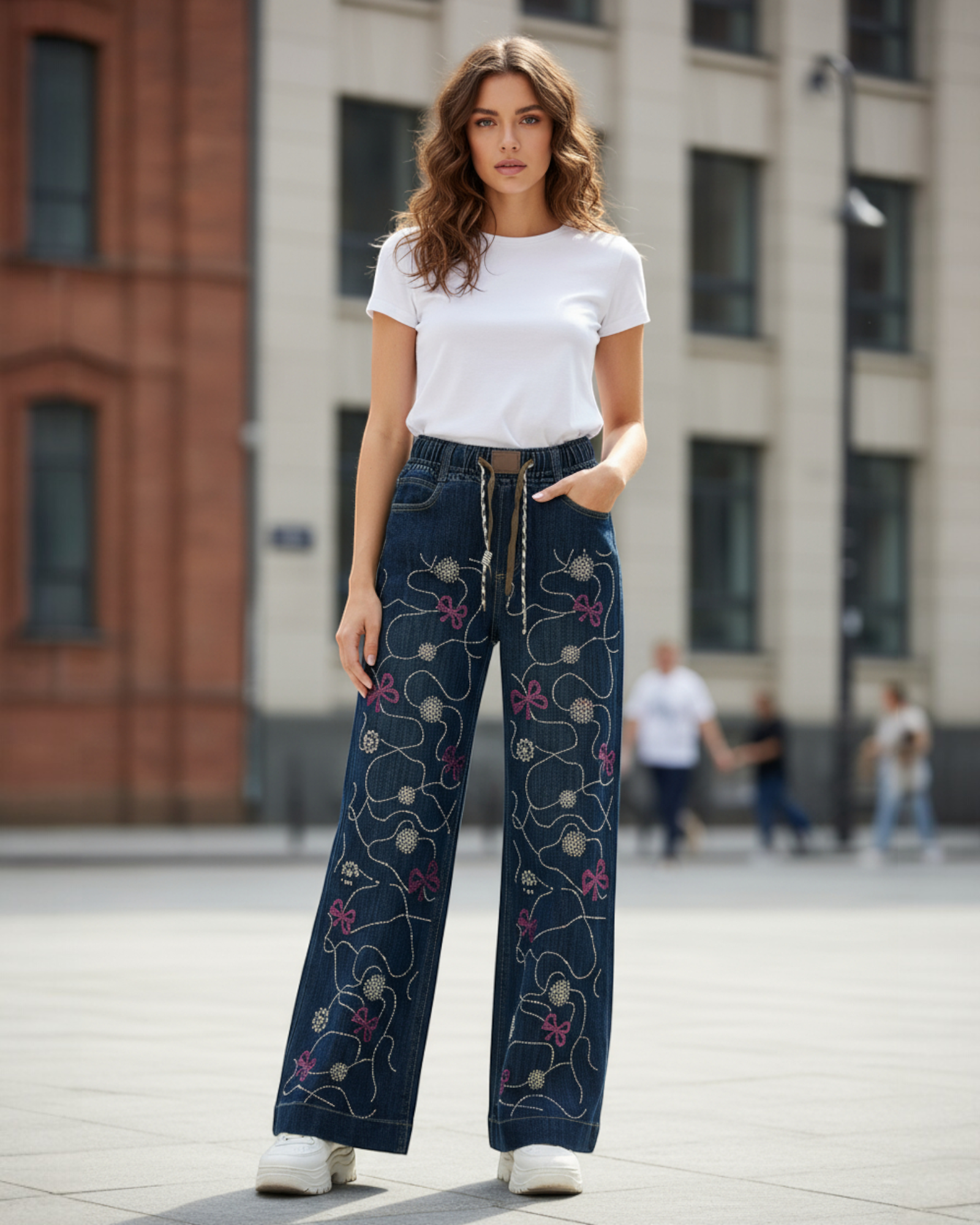 Embroidered Rhinestone Denim Pants
