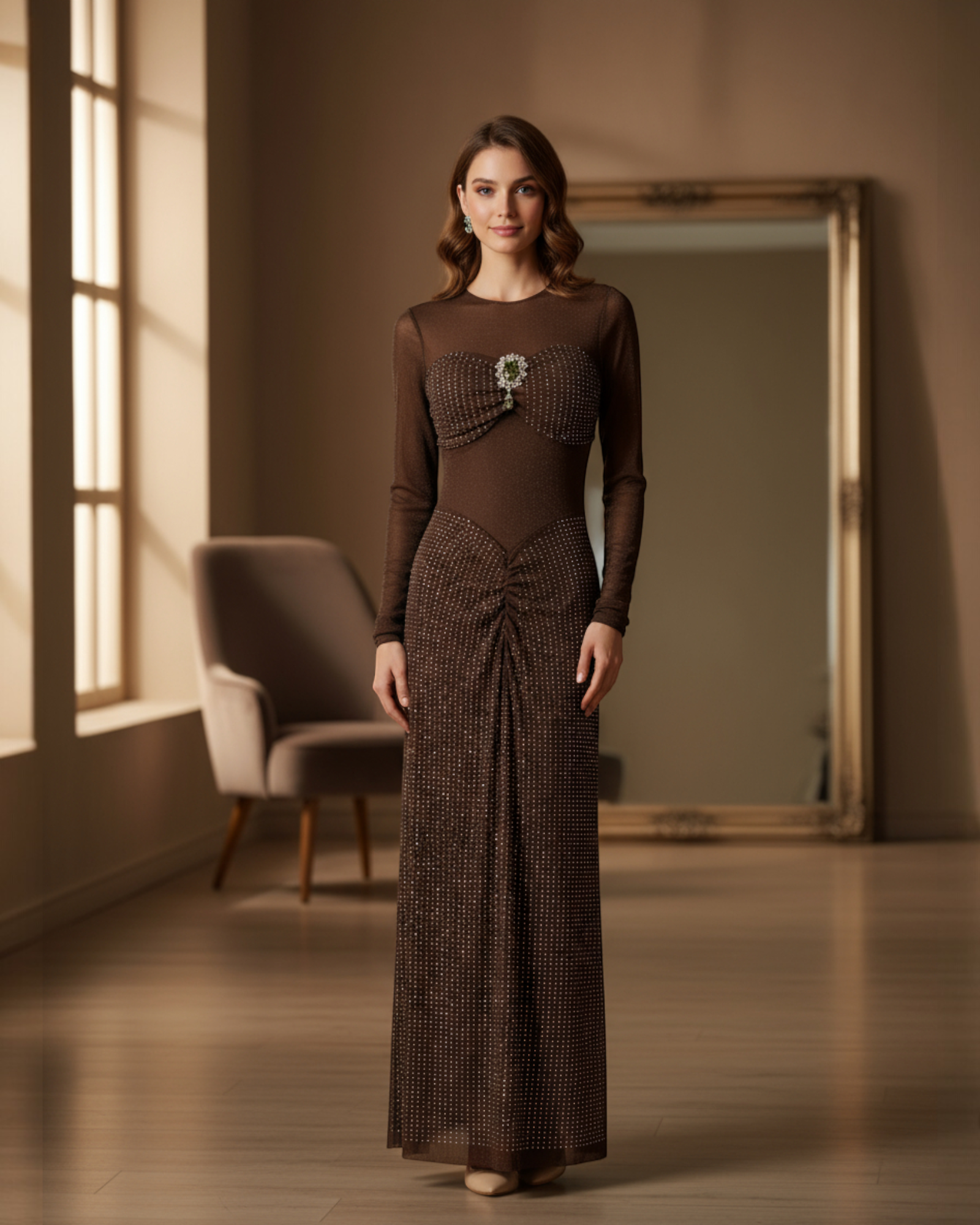 Sheer Rhinestone Mesh Maxi Dress