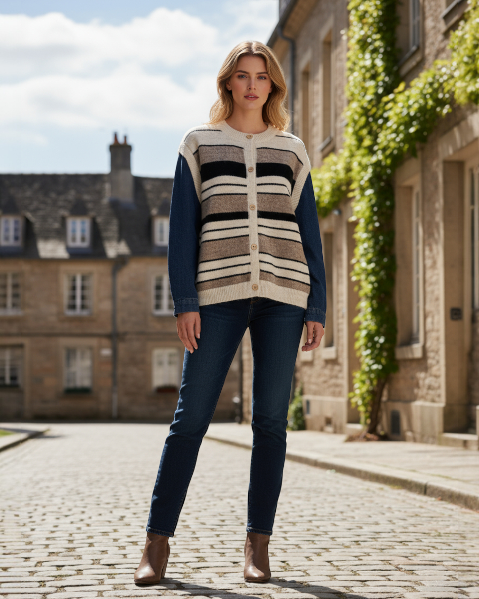 Striped Knit & Denim Sleeve Cardigan