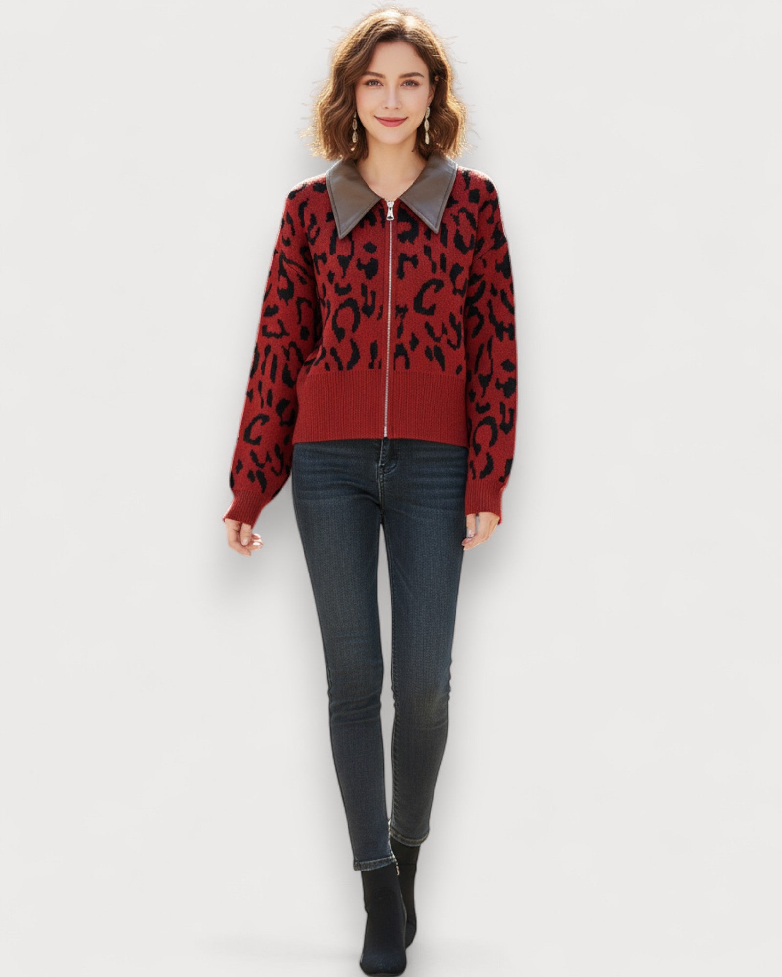 Leopard Zip-Up Knit Cardigan with Leather Collar