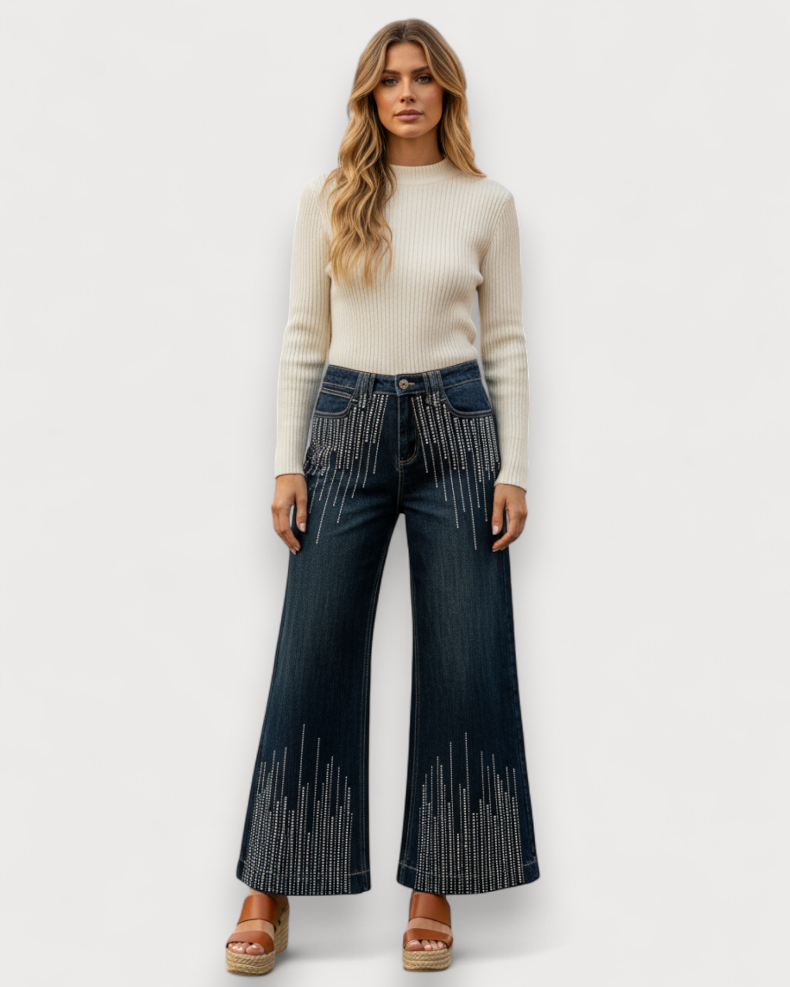 Rhinestone Detail Wide-Leg Jeans