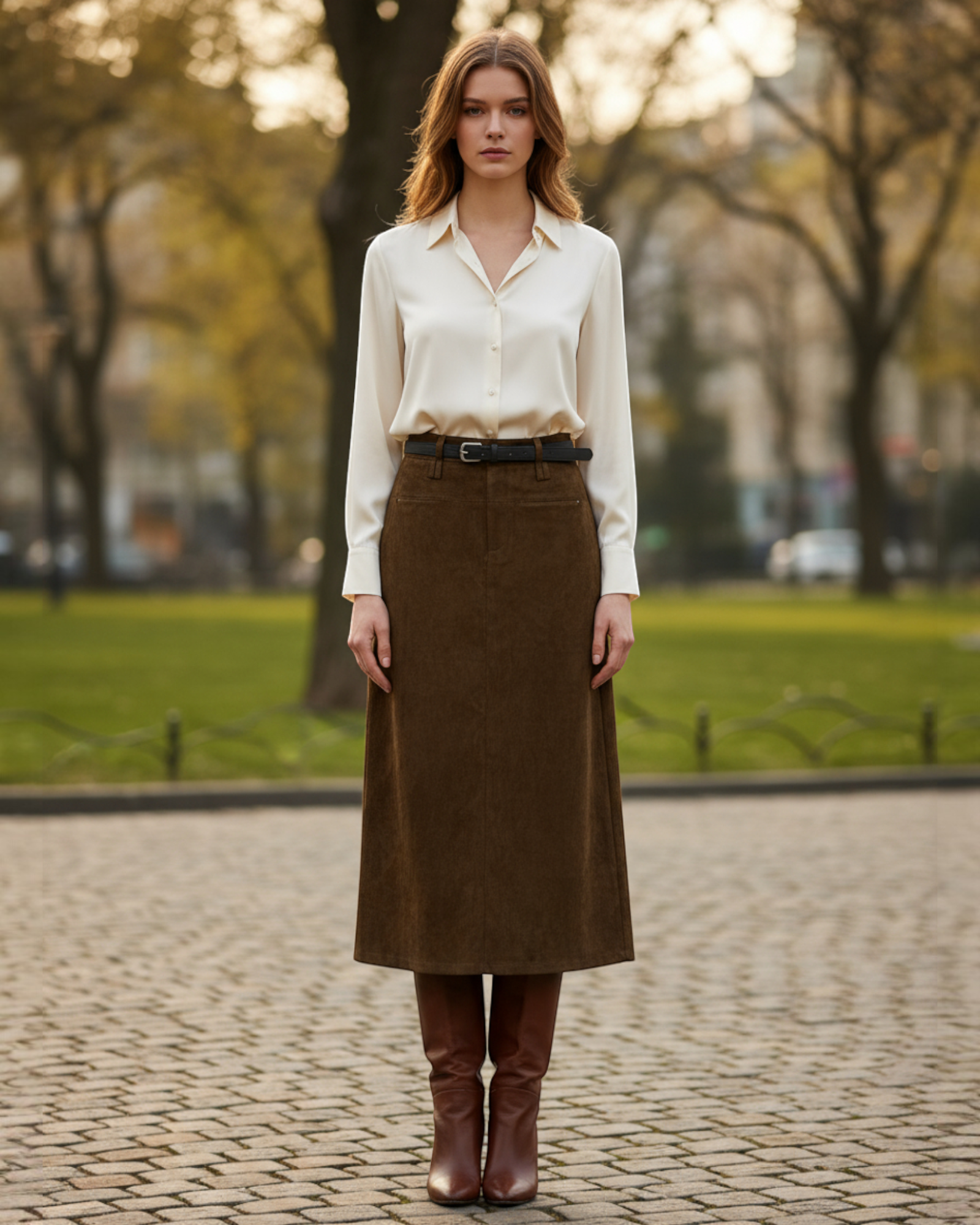 Suede Pencil Midi Skirt with Belt