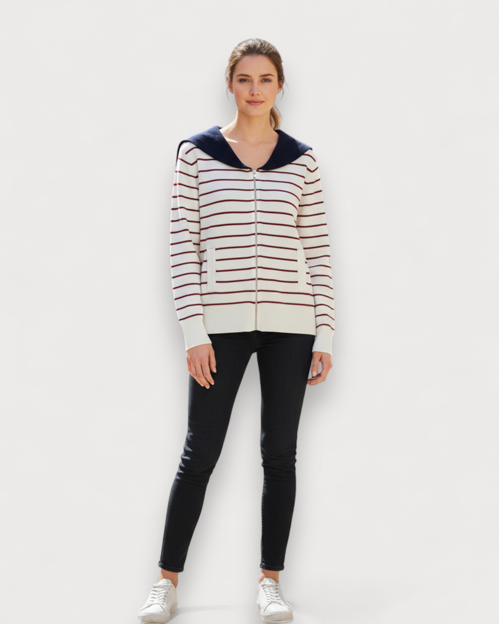 Sailor Collar Zip-Up Knit Cardigan