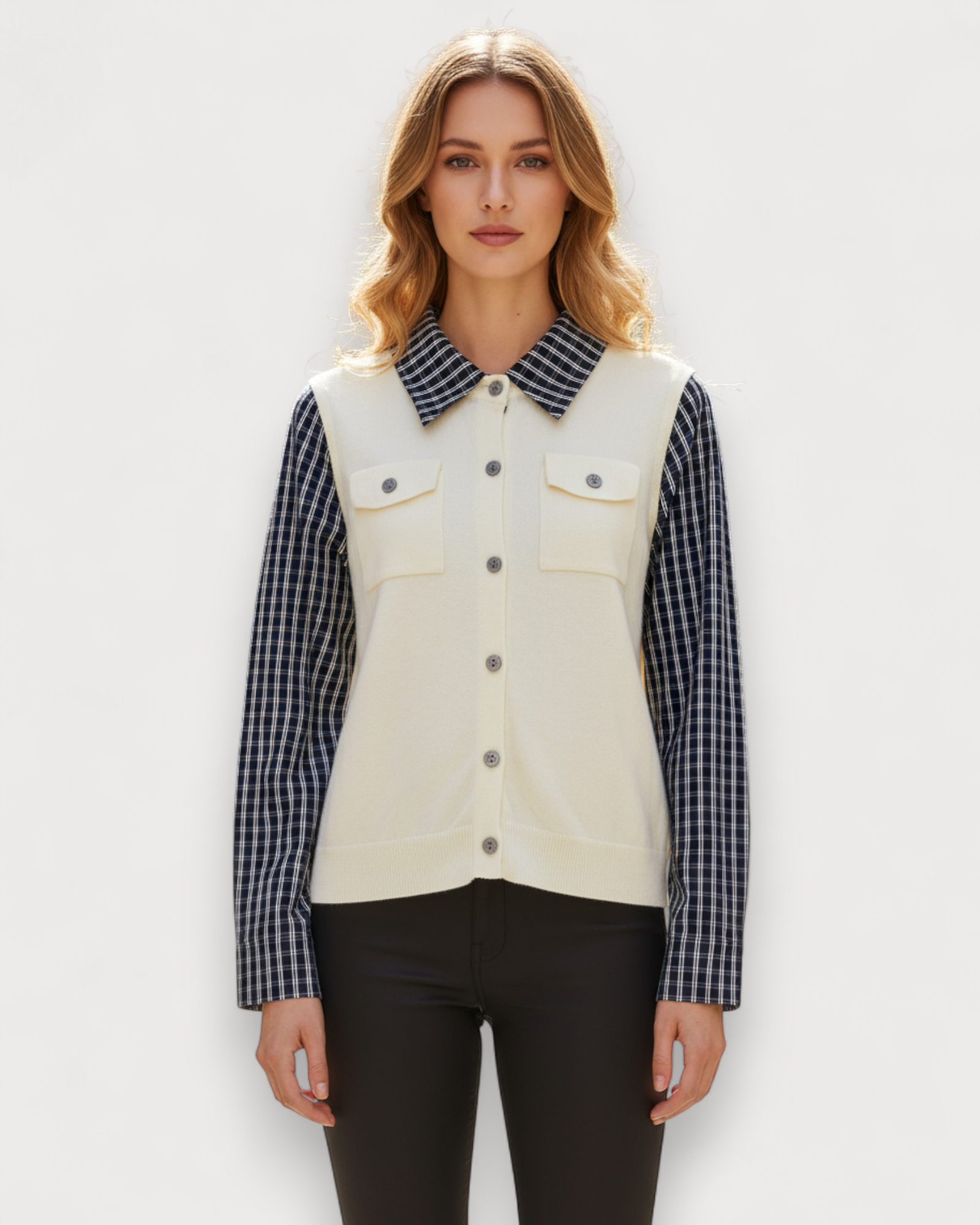 Check Contrast Panel Cardigan Shirt