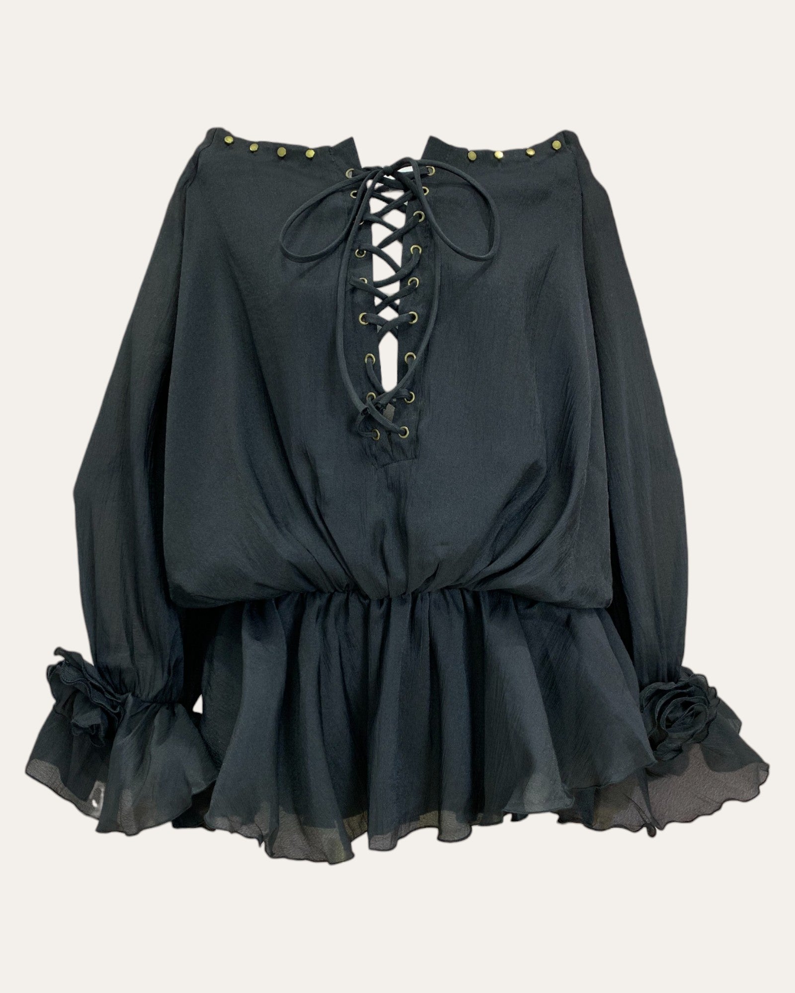 Lace-Up Ruffle Hem Off-Shoulder Dress with Rose Appliqué