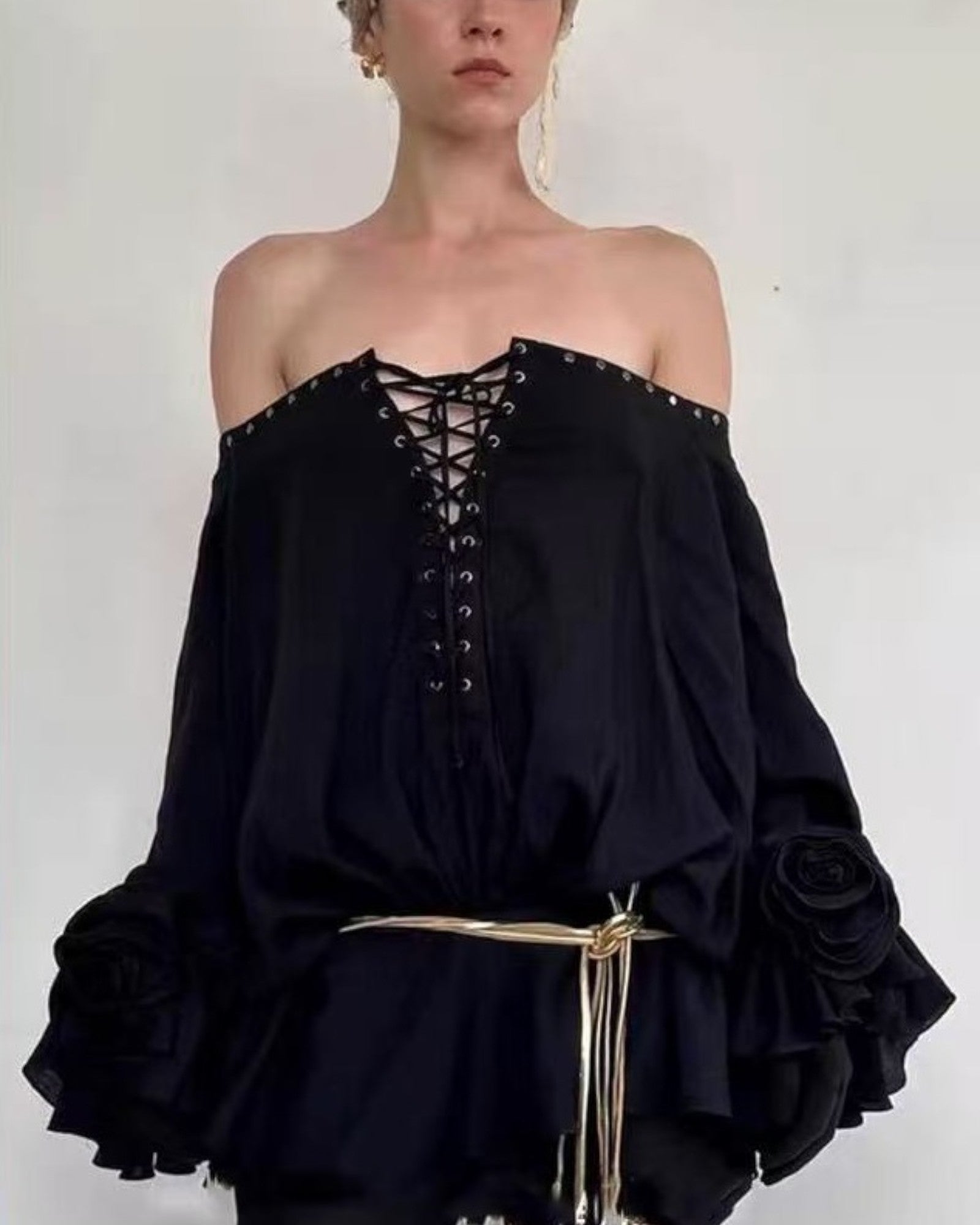 Lace-Up Ruffle Hem Off-Shoulder Dress with Rose Appliqué