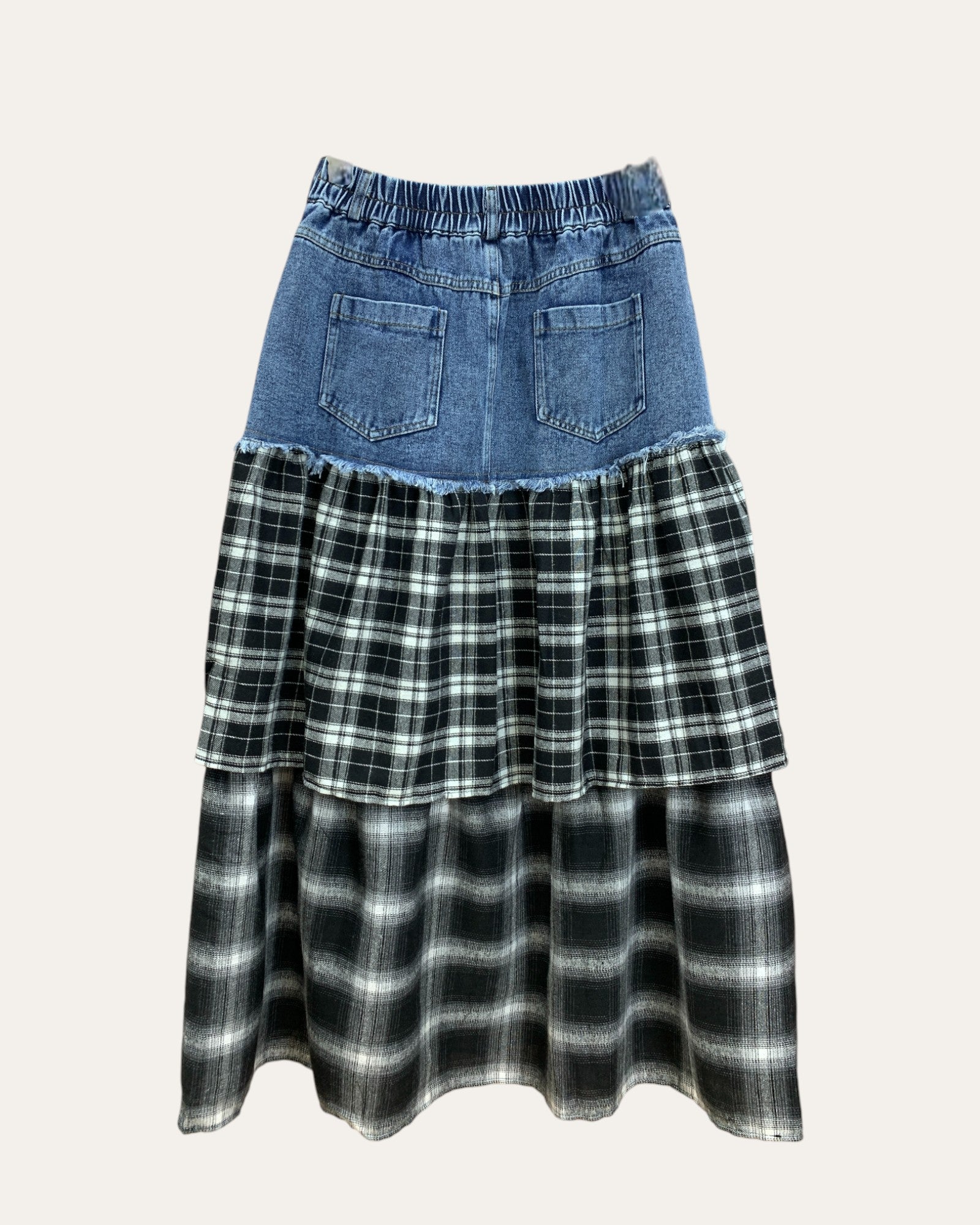Layered Denim and Plaid Midi Skirt