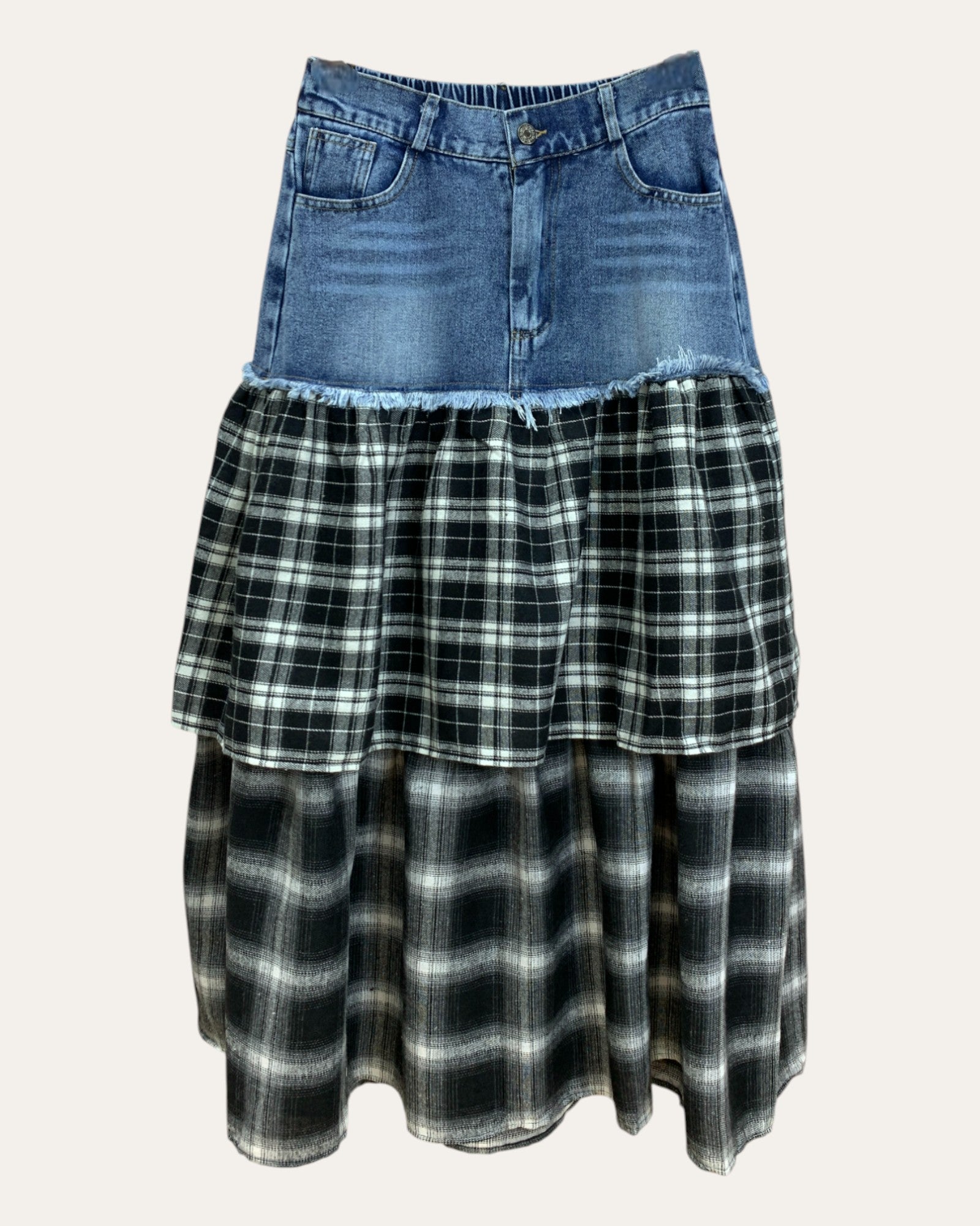 Layered Denim and Plaid Midi Skirt