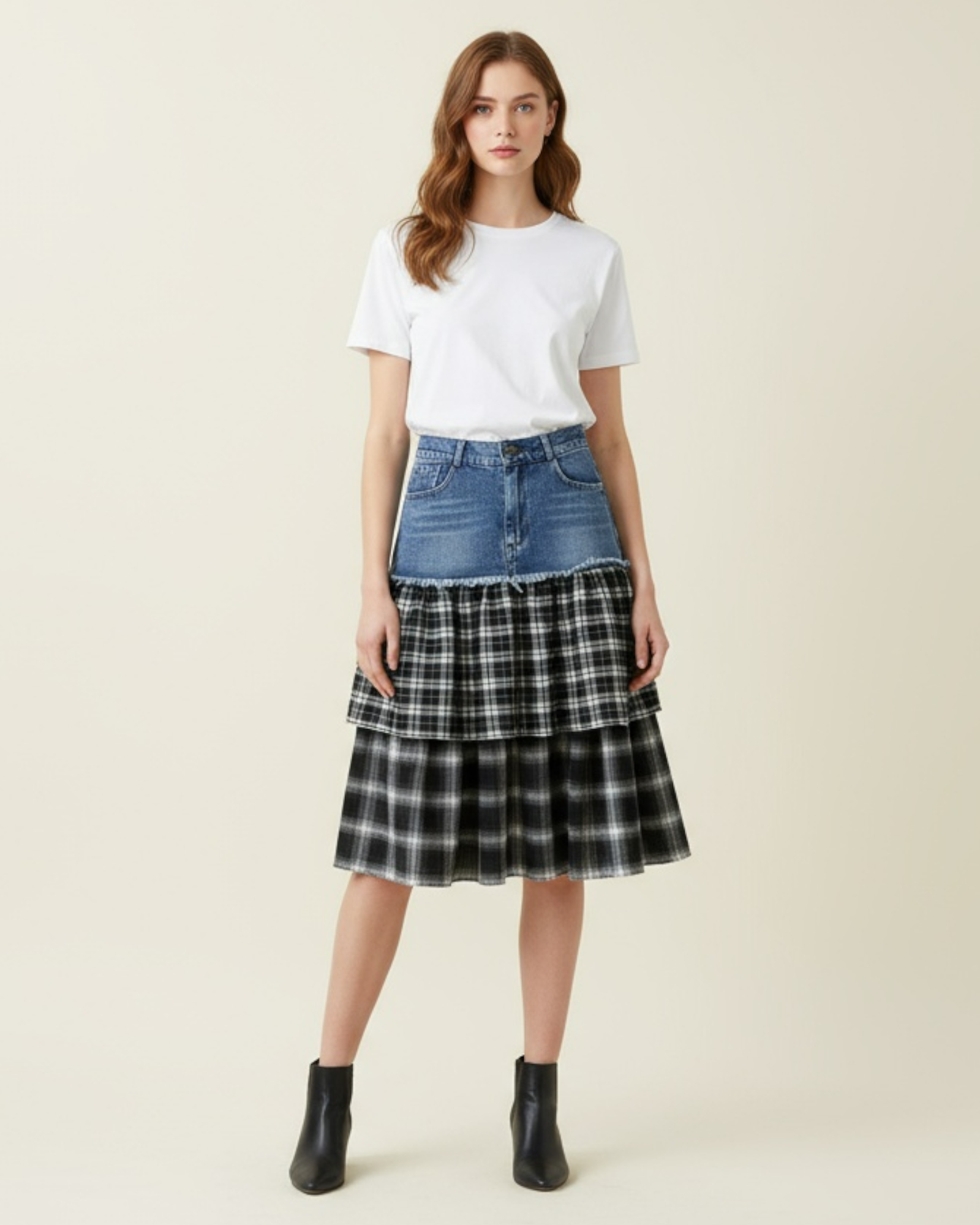 Layered Denim and Plaid Midi Skirt