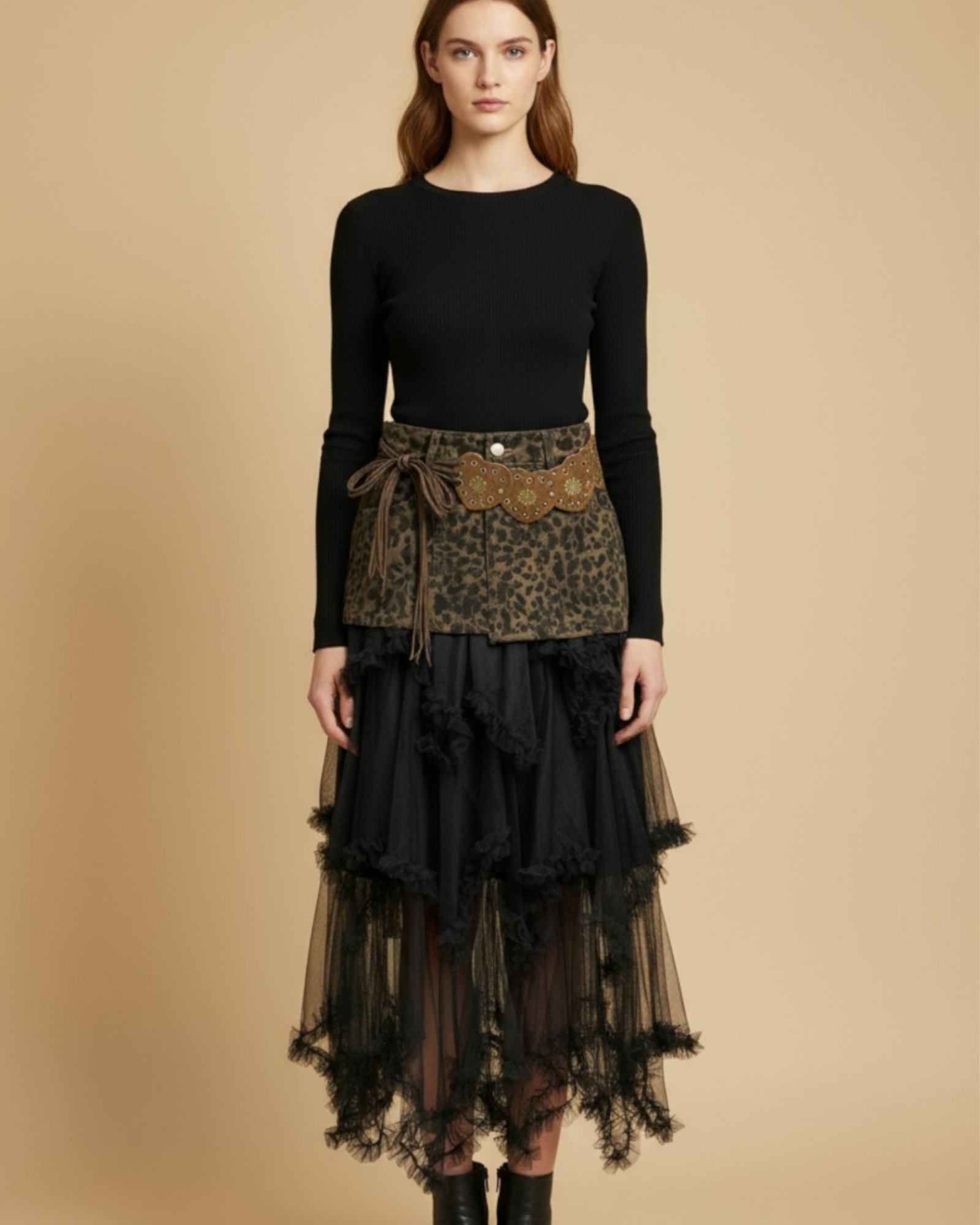 Leopard Patchwork Sheer Layered Skirt