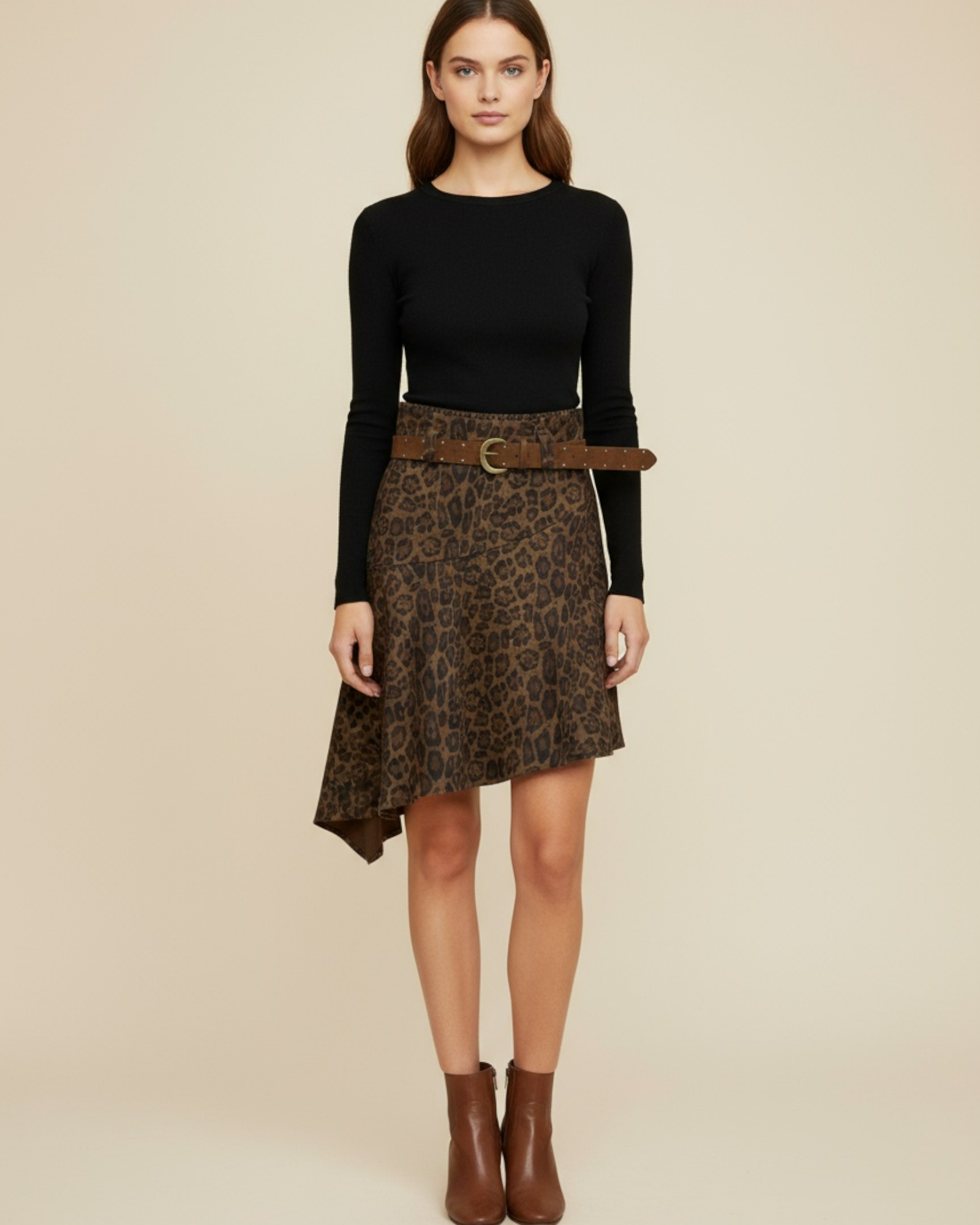 Leopard Print Belted Midi Skirt