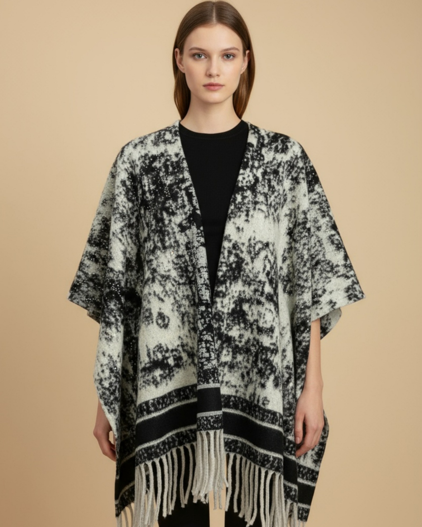 Monochrome Tie-Dye Fringe Poncho
