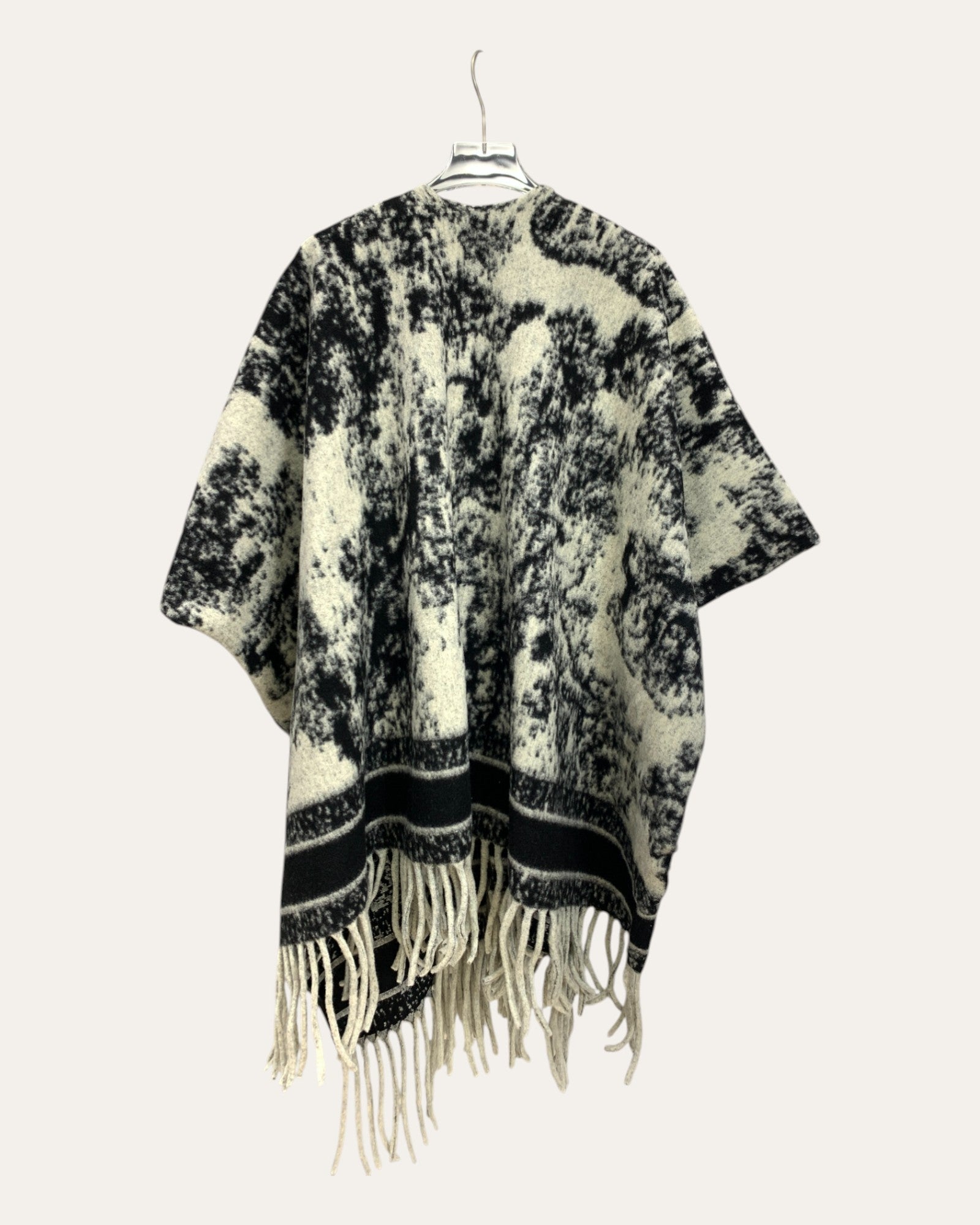Monochrome Tie-Dye Fringe Poncho
