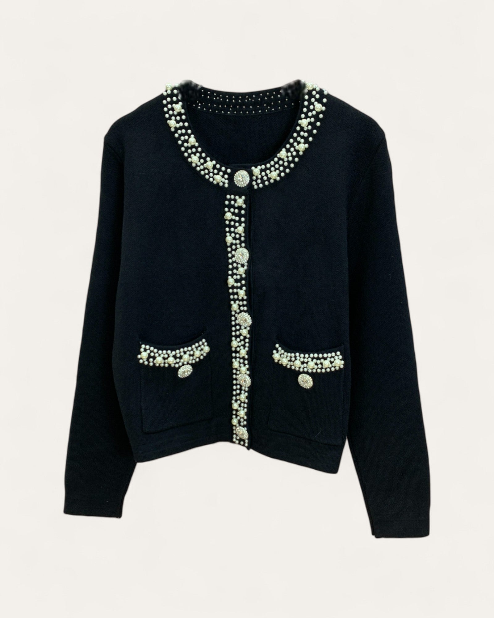 Pearl Trim Button Cardigan with Pocket Detail