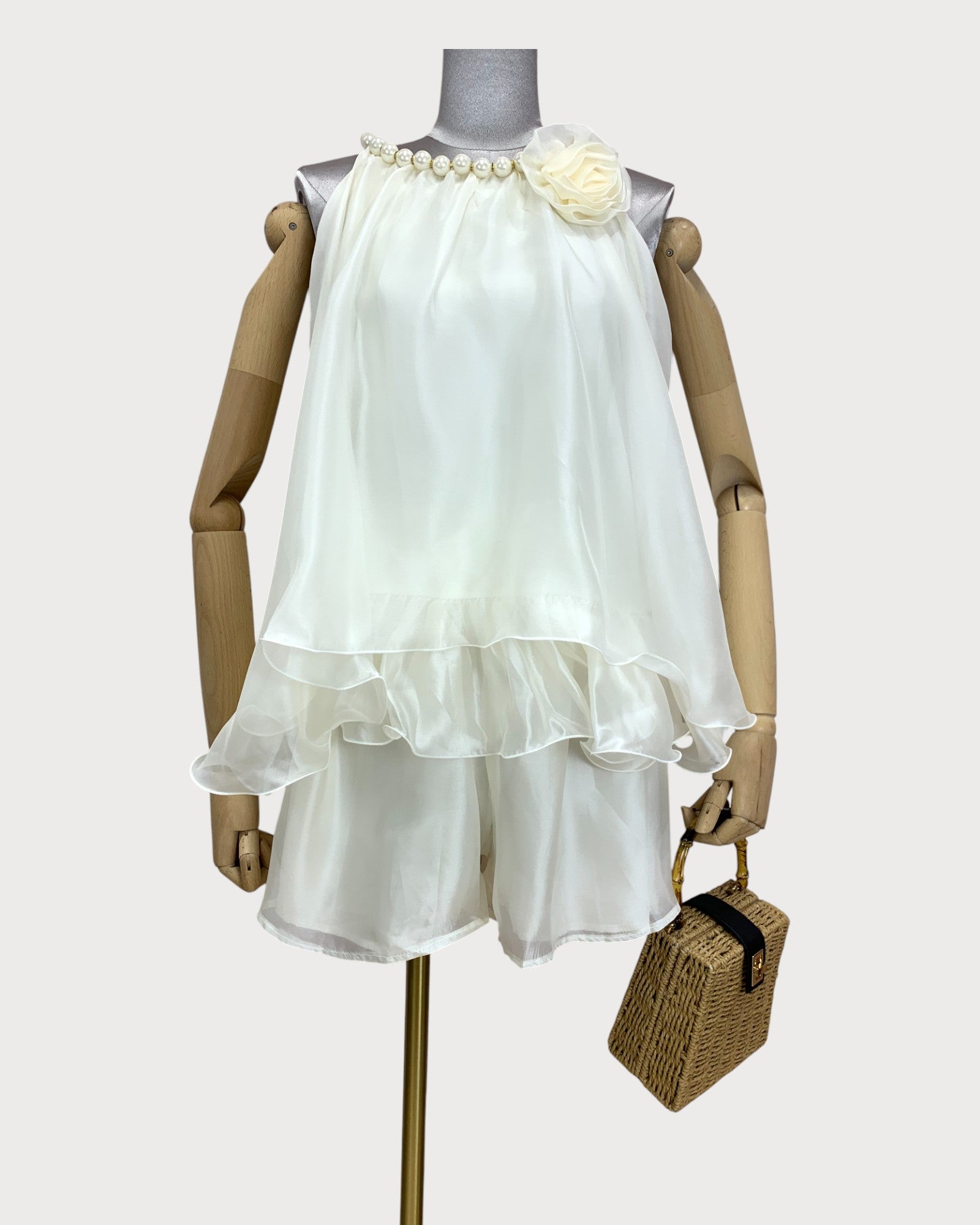 Pearl Trim Layered Ruffle Shorts Set