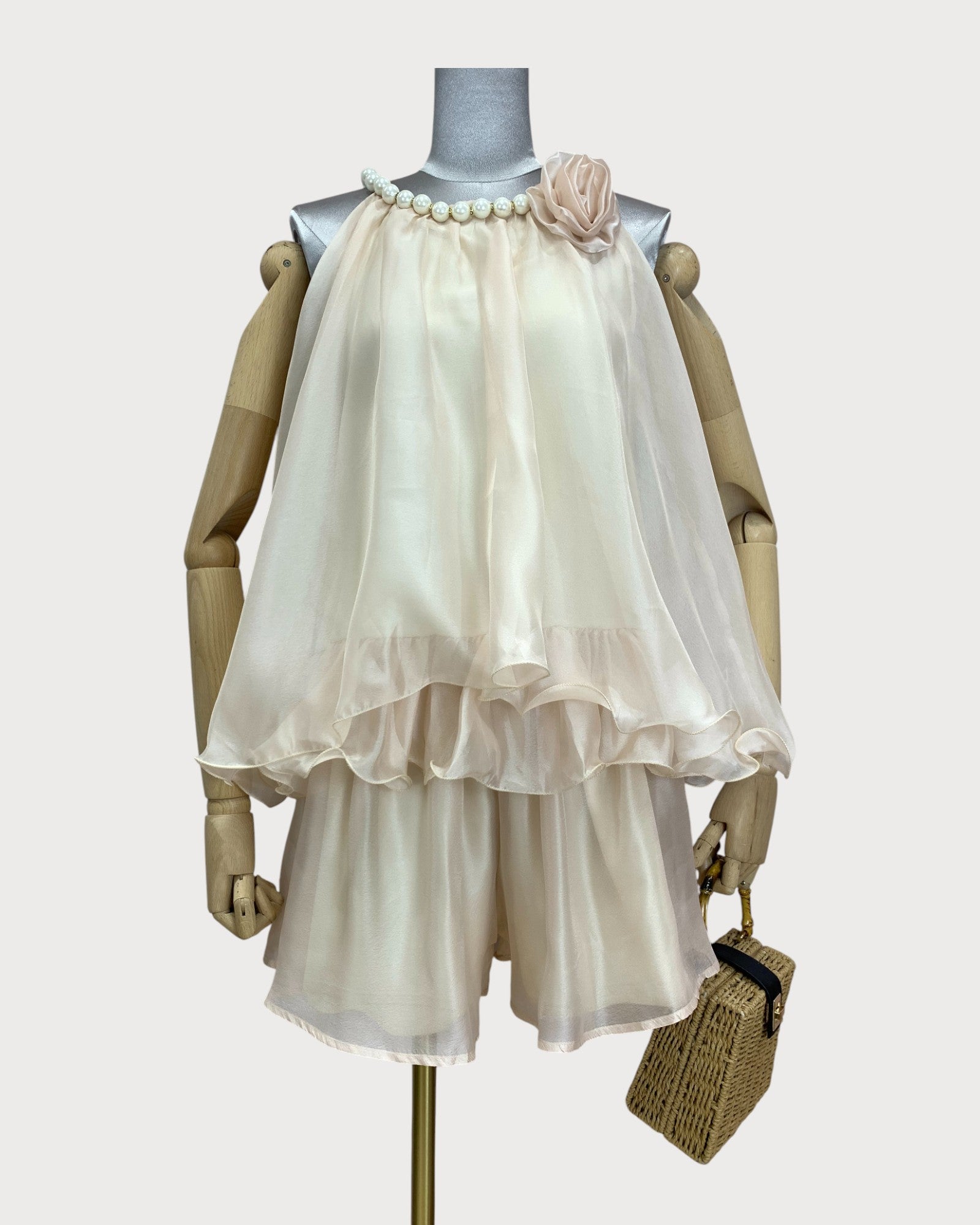 Pearl Trim Layered Ruffle Shorts Set