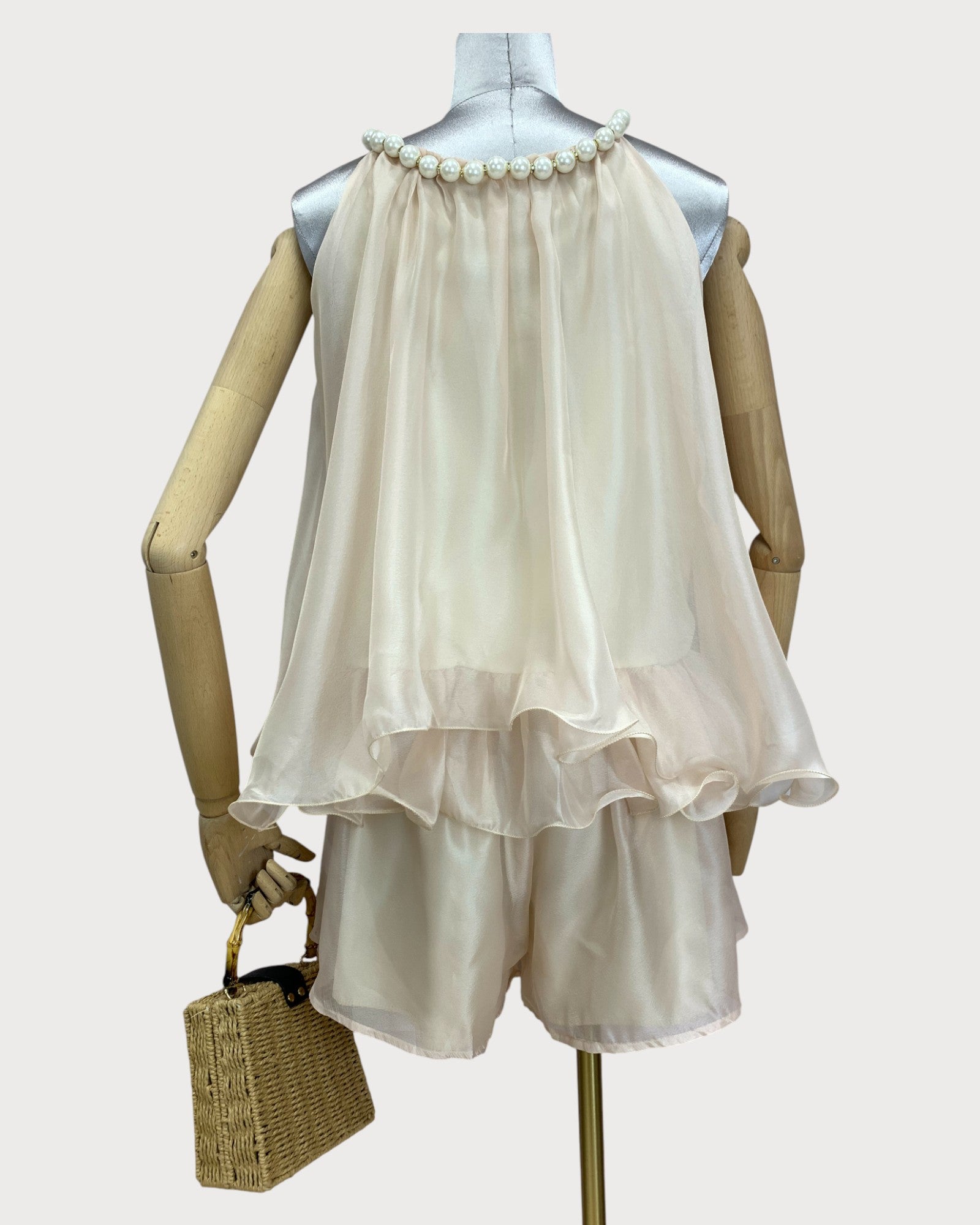Pearl Trim Layered Ruffle Shorts Set