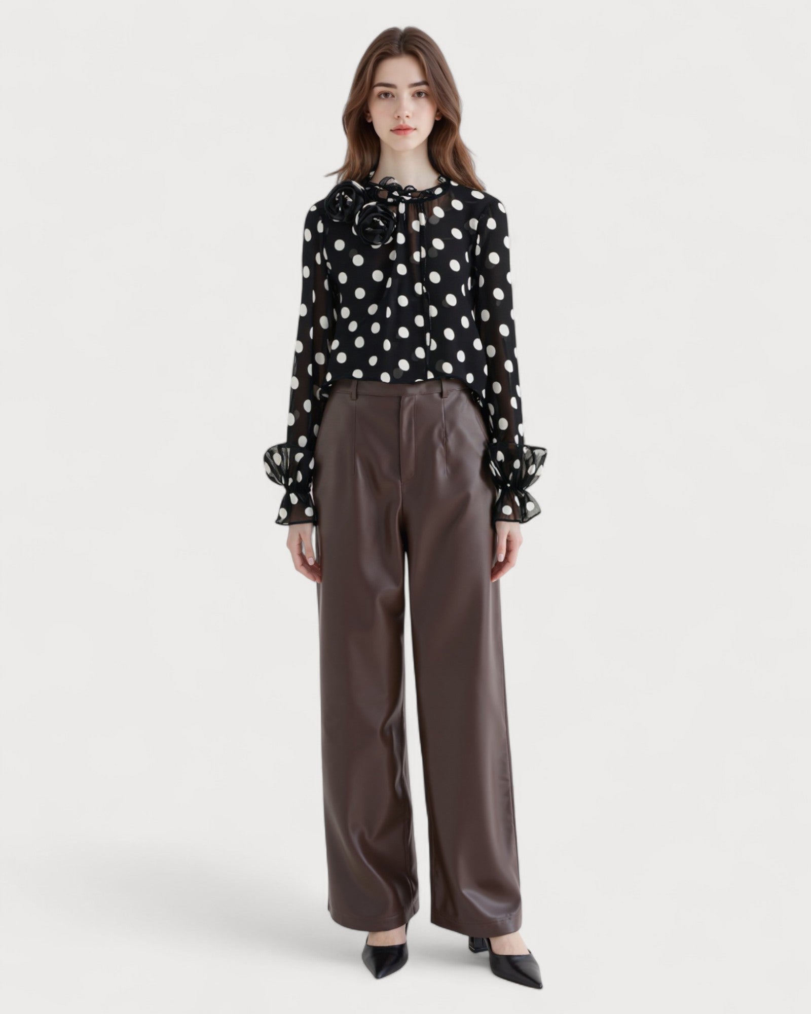 Polka Dot Chiffon Blouse with 3D Floral Detail