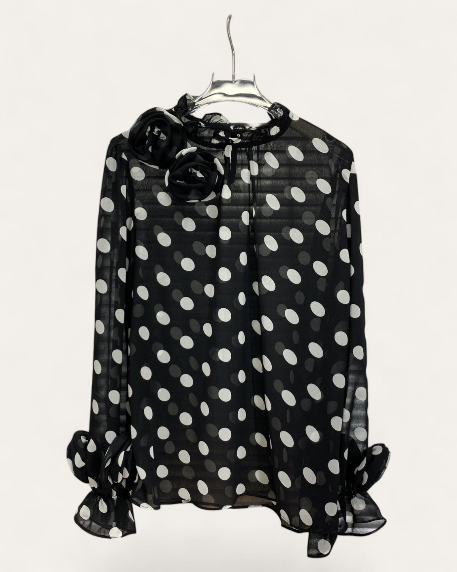 Polka Dot Chiffon Blouse with 3D Floral Detail