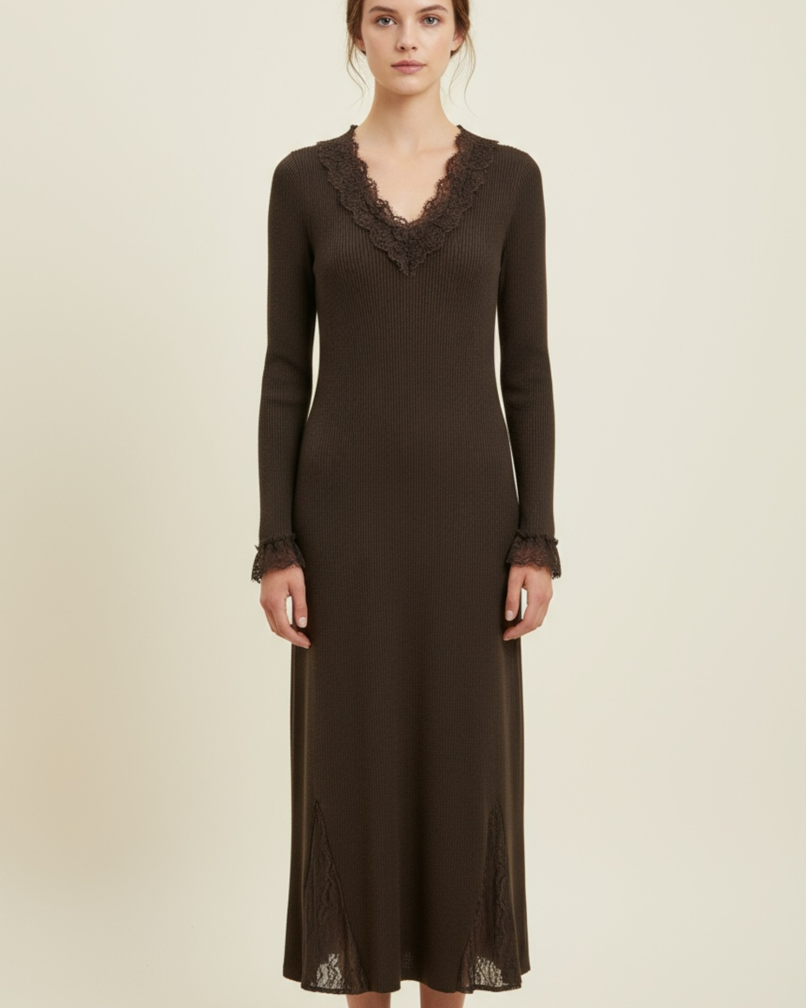 Ribbed Knit Midi Dress with Lace Insets