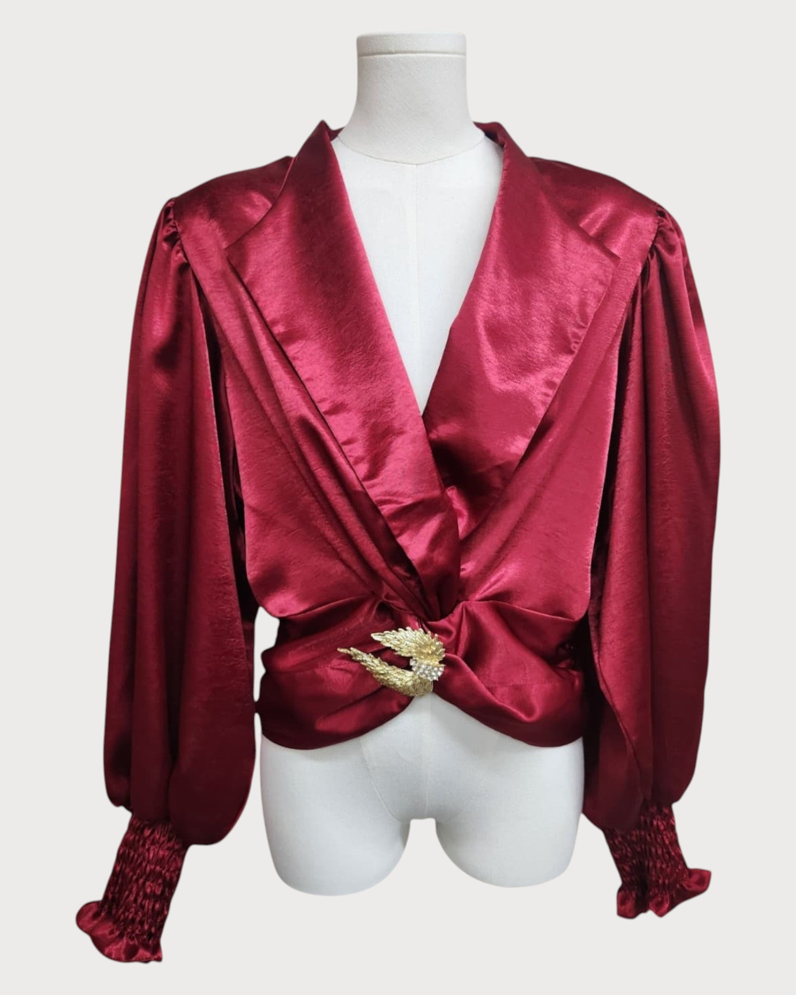 Satin Wrap Blouse with Gold Bird Brooch