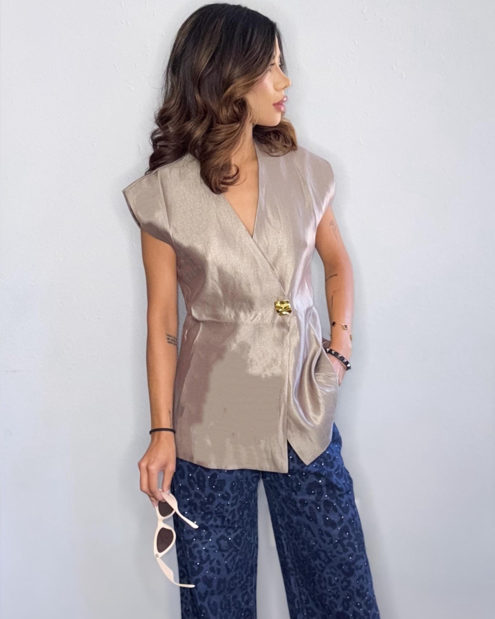 Satin Wrap Sleeveless Blouse