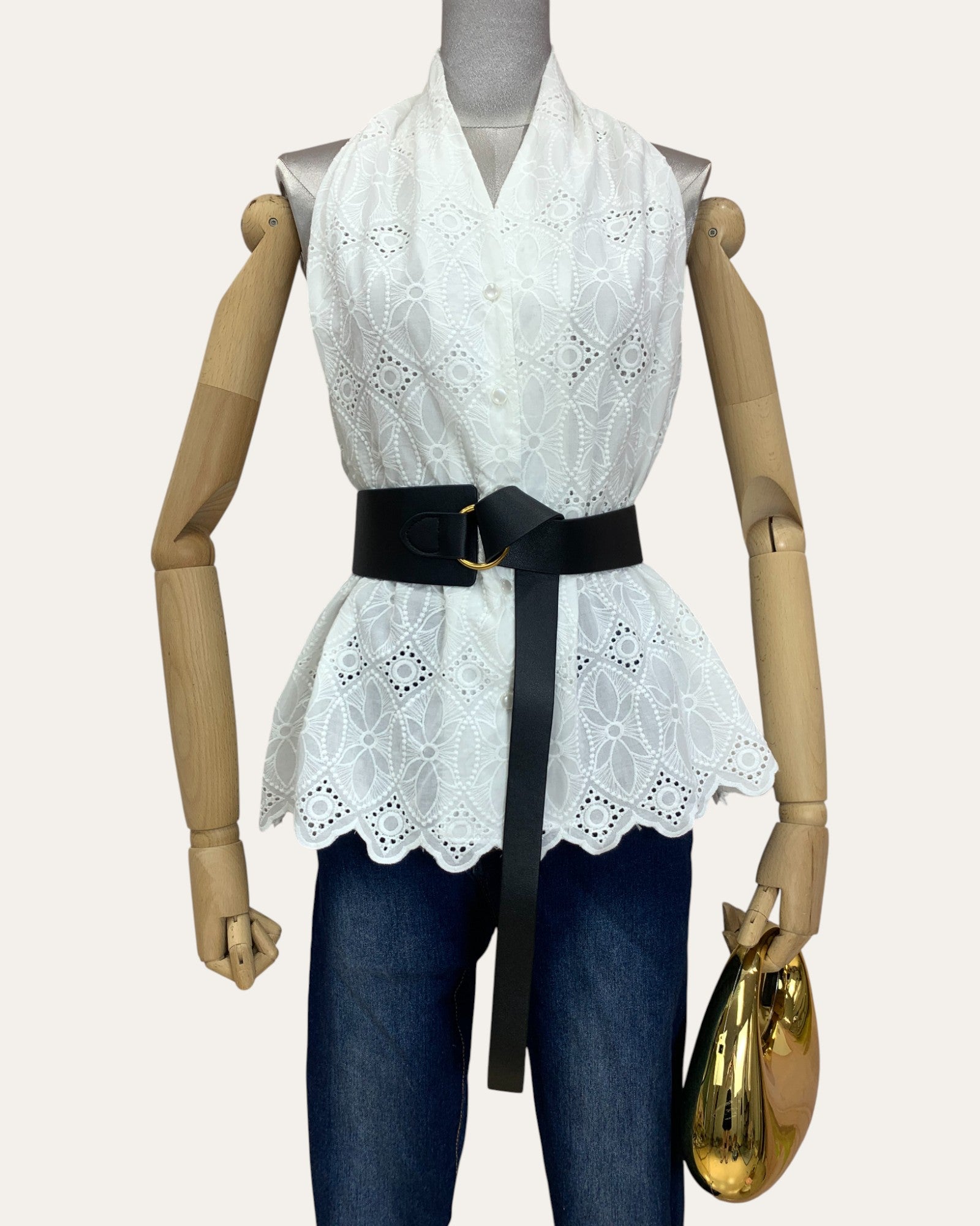 Sleeveless Eyelet Peplum Top with Belt