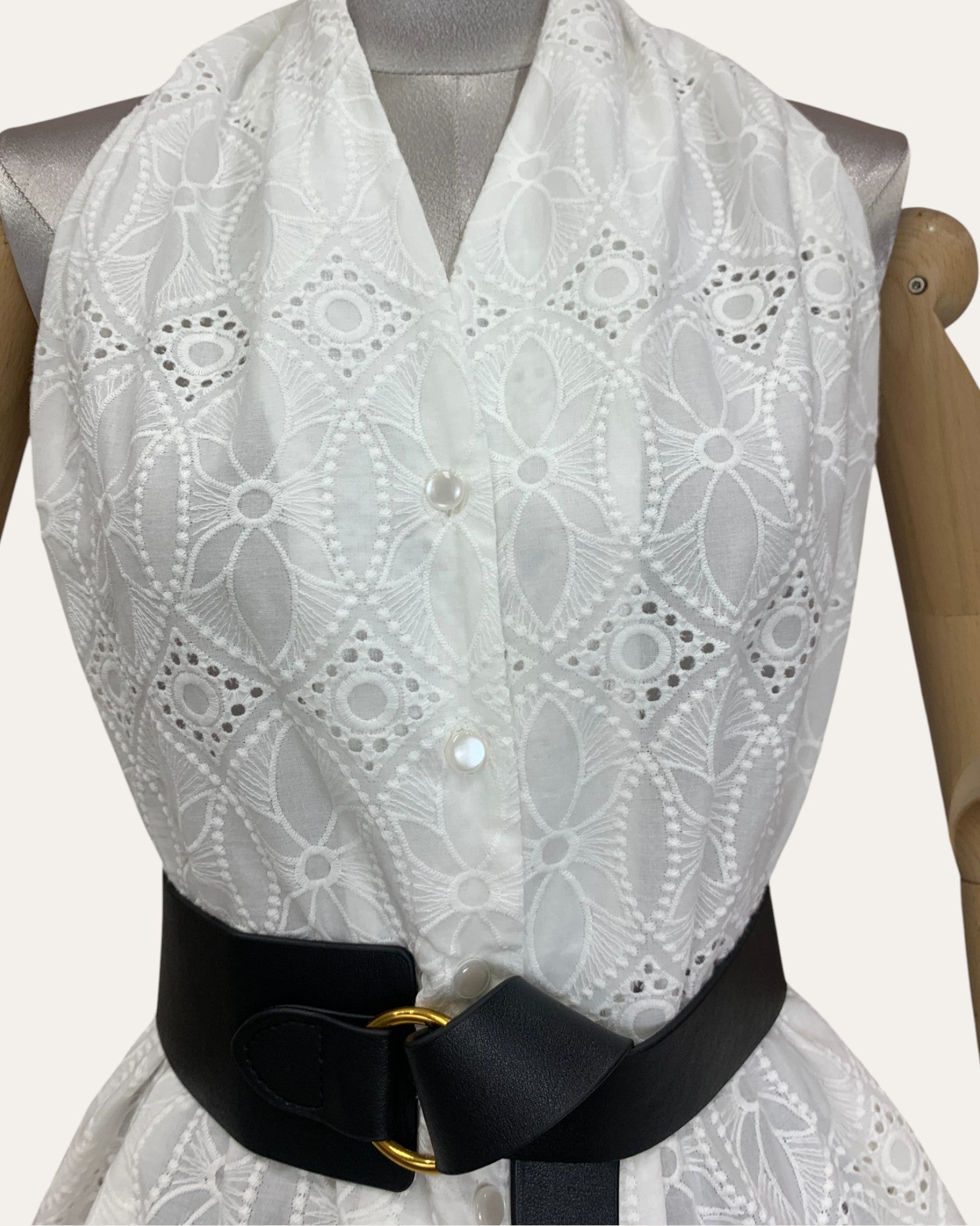 Sleeveless Eyelet Peplum Top with Belt
