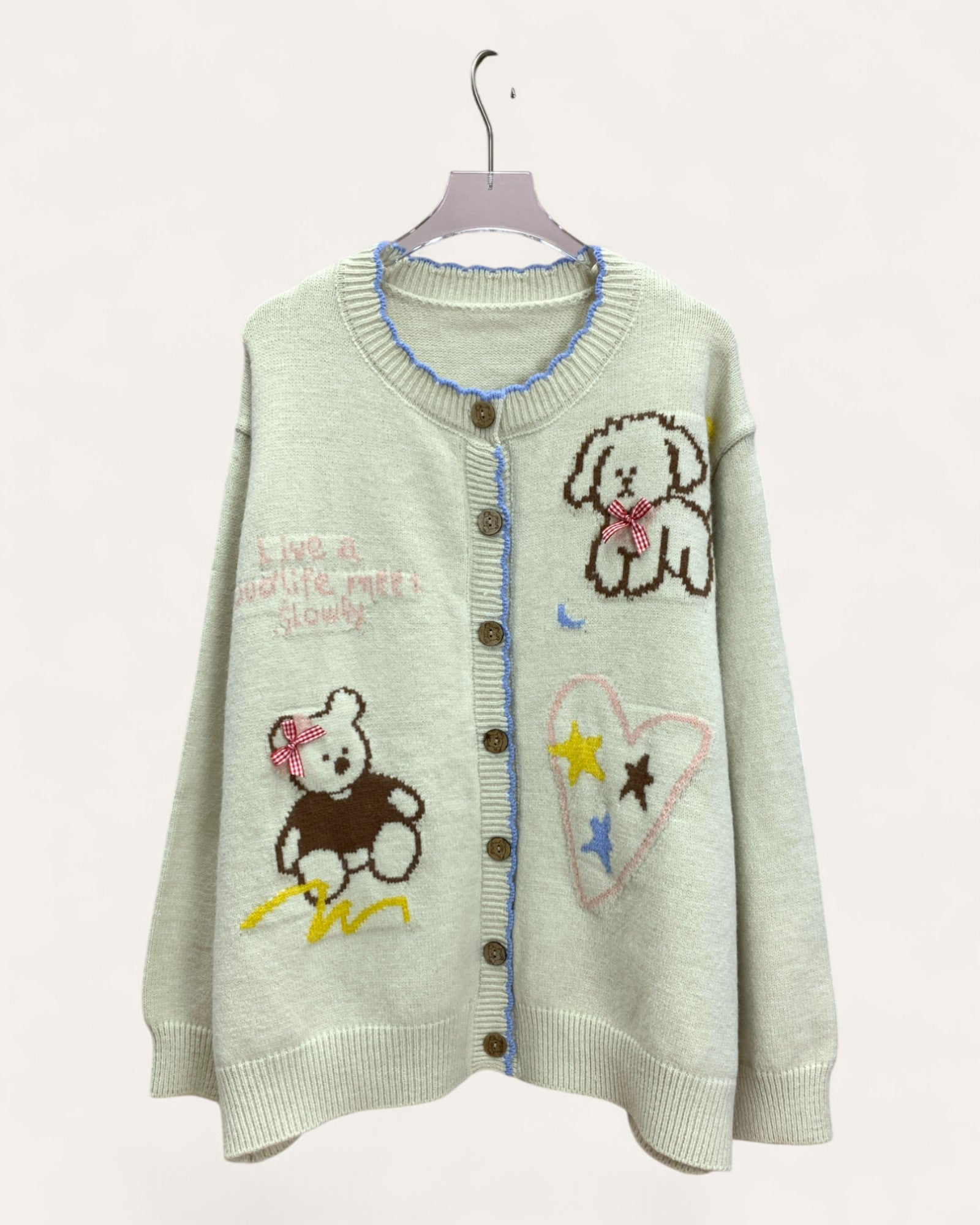 Teddy Bear and Star Embroidered Knit Cardigan