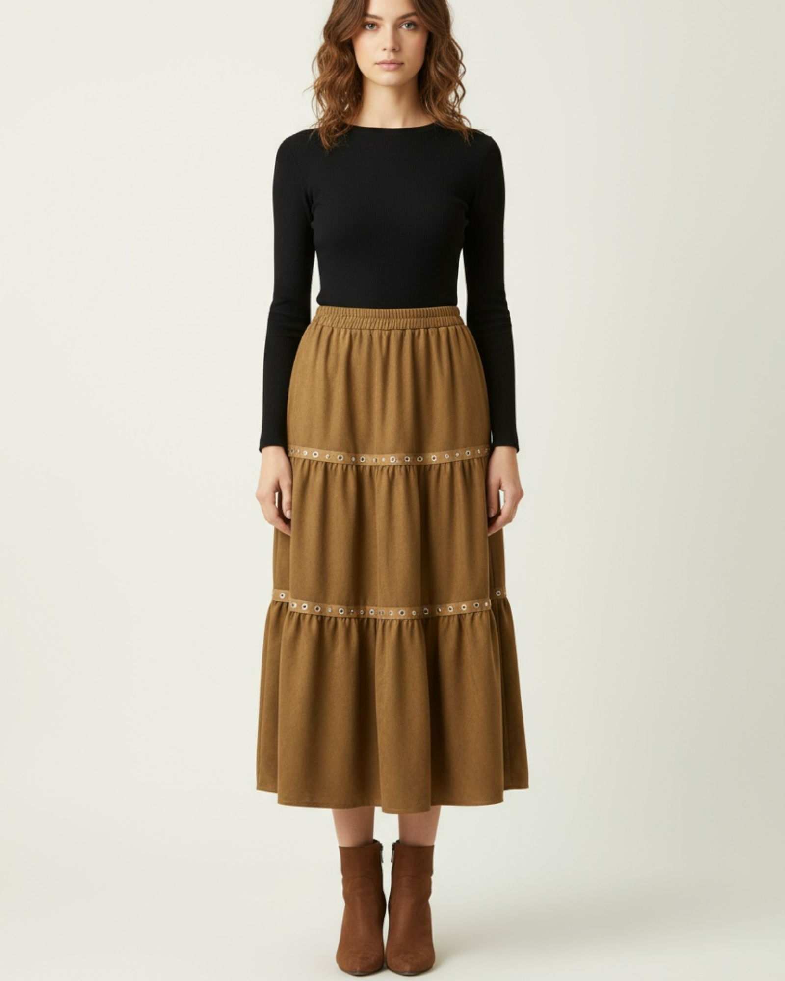 Tiered Faux Suede Midi Skirt with Stud Detail