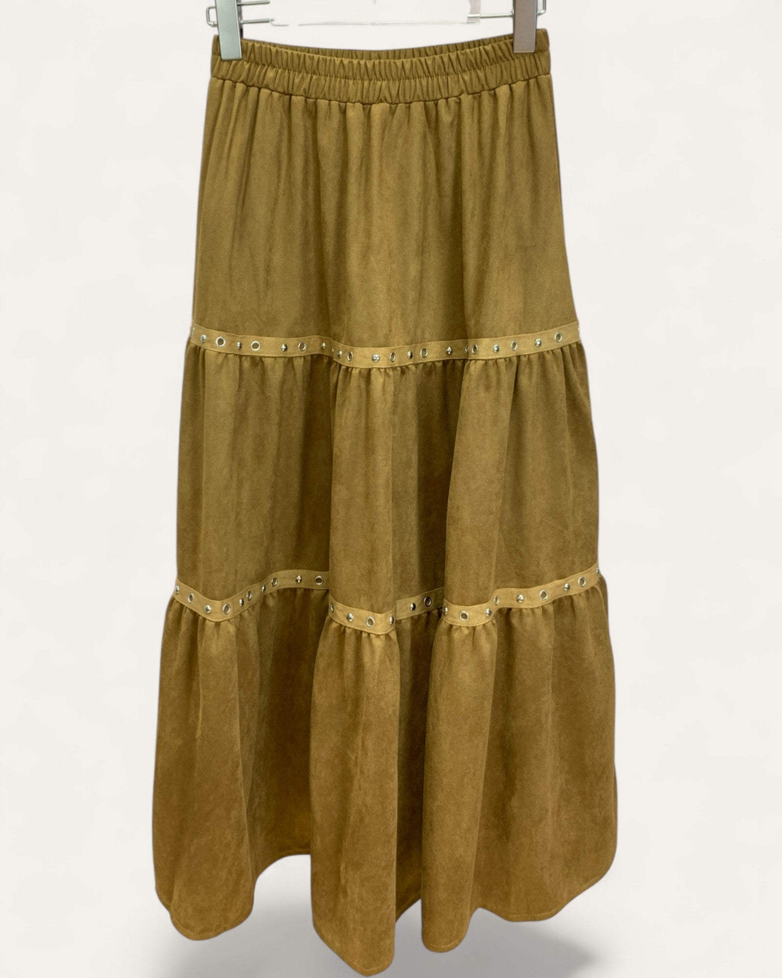 Tiered Faux Suede Midi Skirt with Stud Detail