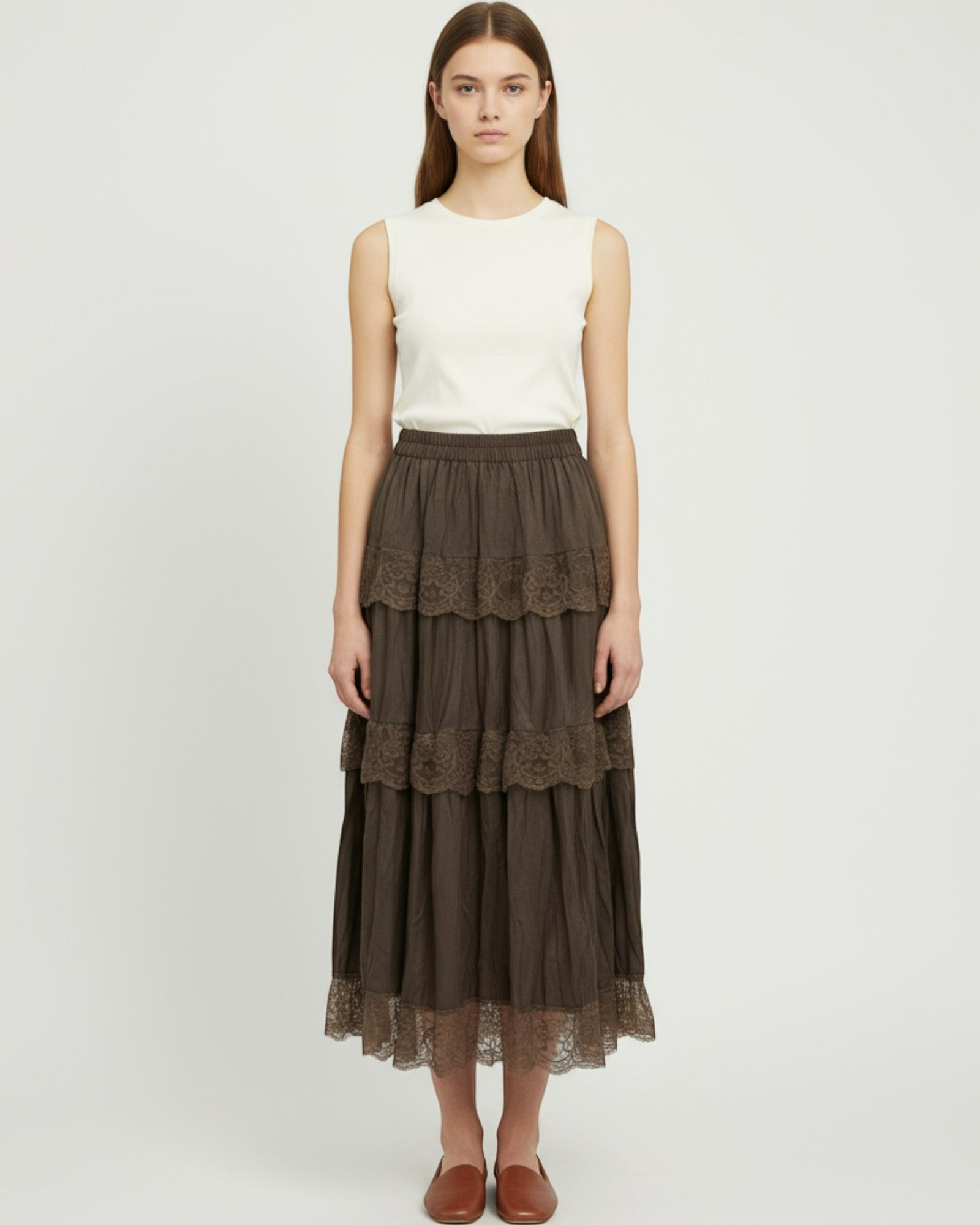 Tiered Lace-Trim Midi Skirt