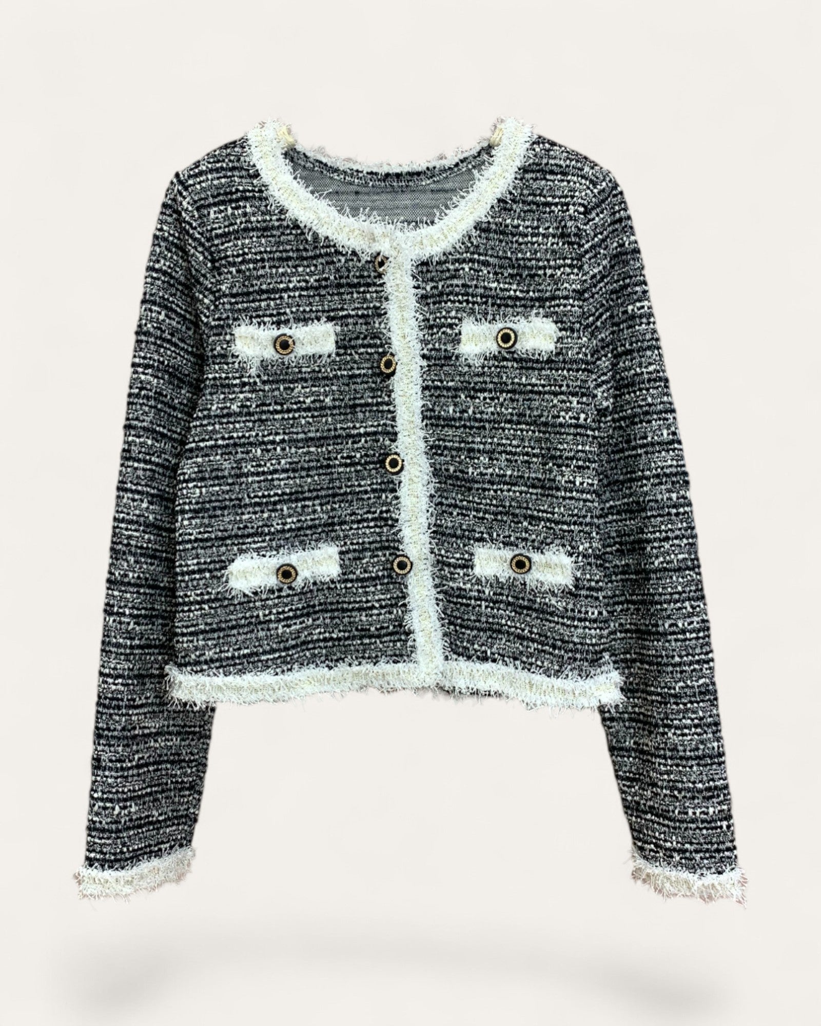 Tweed Contrast Trim Buttoned Jacket