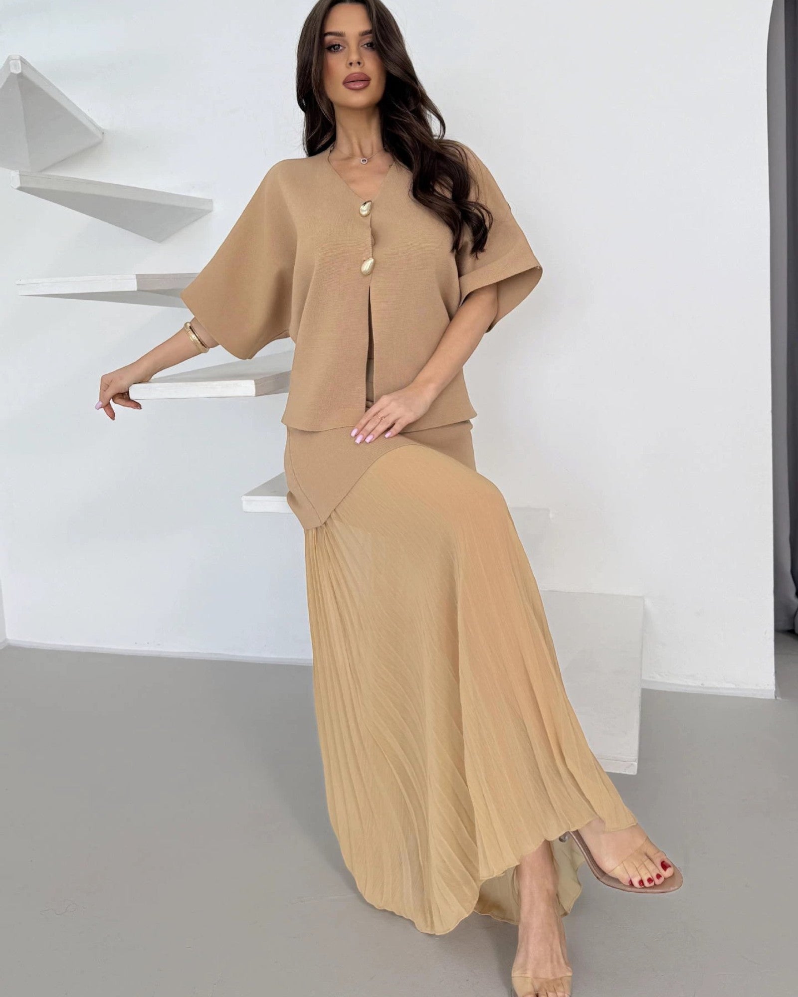 Two-Piece Knit Sets with Pleated Maxi Skirt