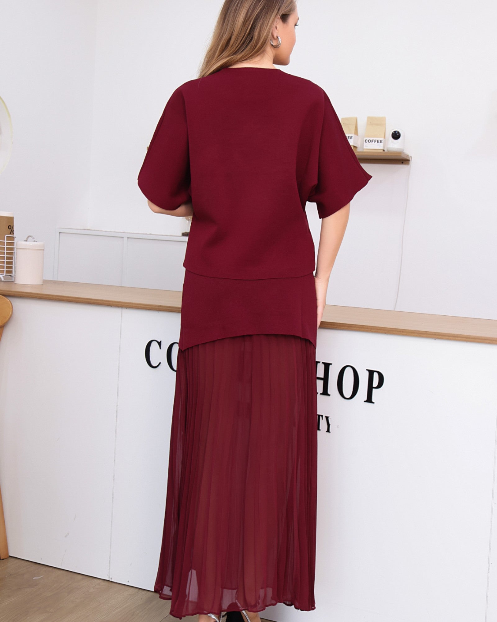 Two-Piece Knit Sets with Pleated Maxi Skirt