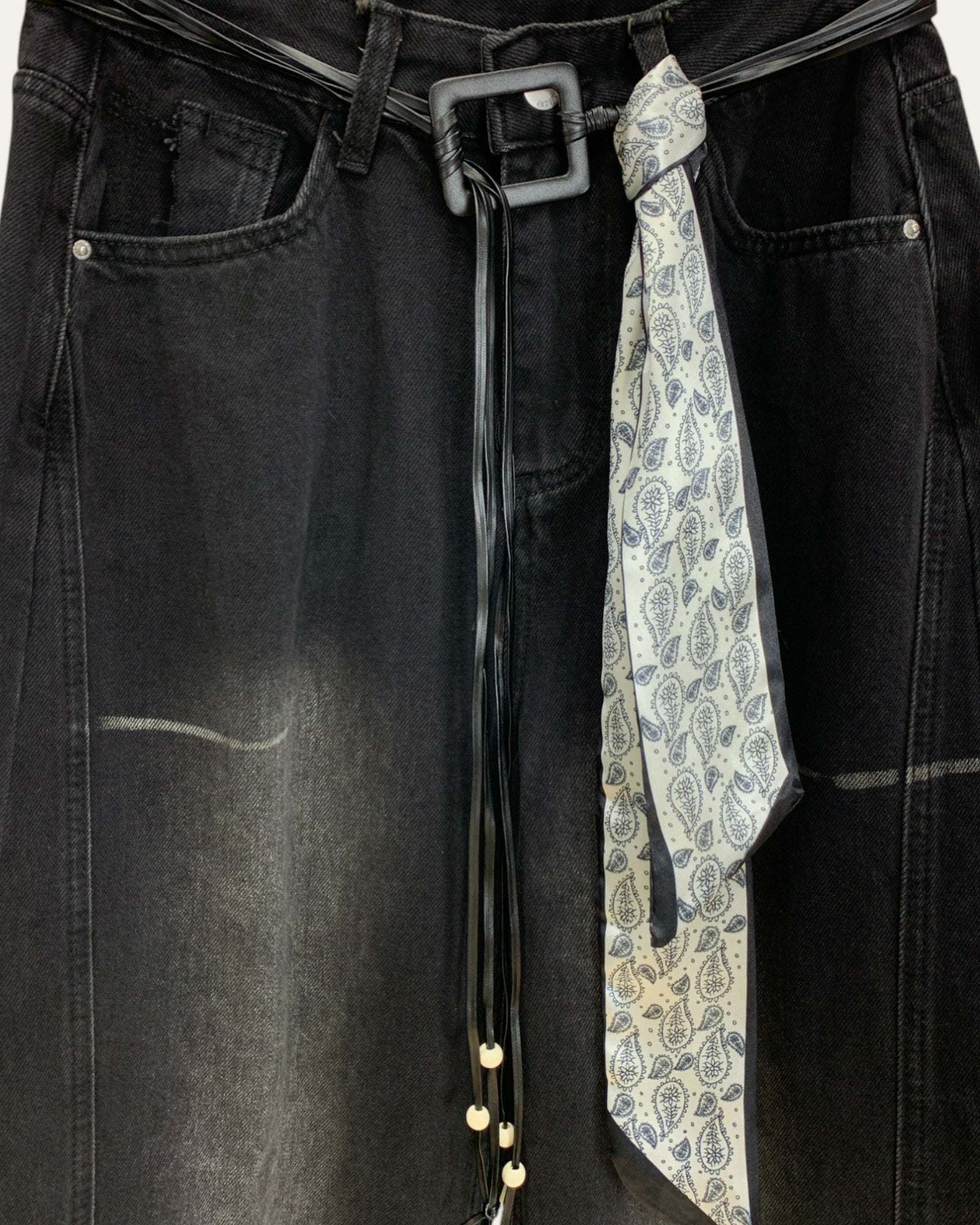 Washed Wide-Leg Jeans with Scarf Belt
