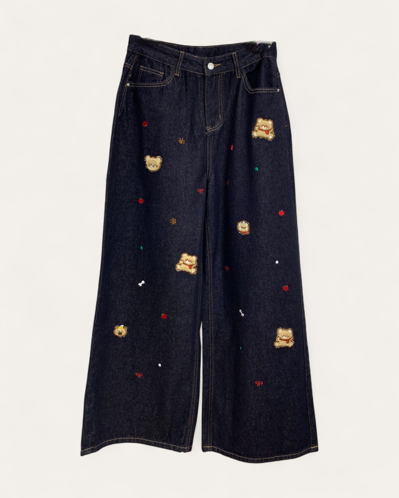 Wide-Leg Jeans with Embroidered Teddy Motif